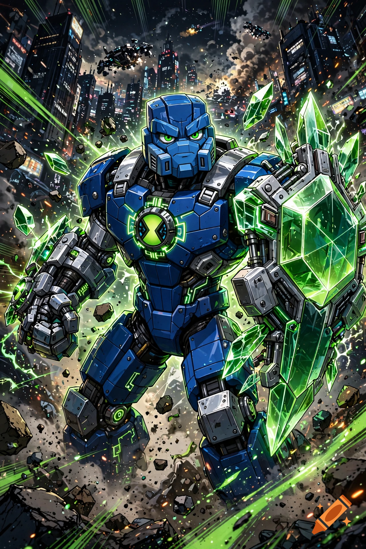 A blue and grey robotic alien warrior with a glowing green crystal shield in a futuristic destroyed city.