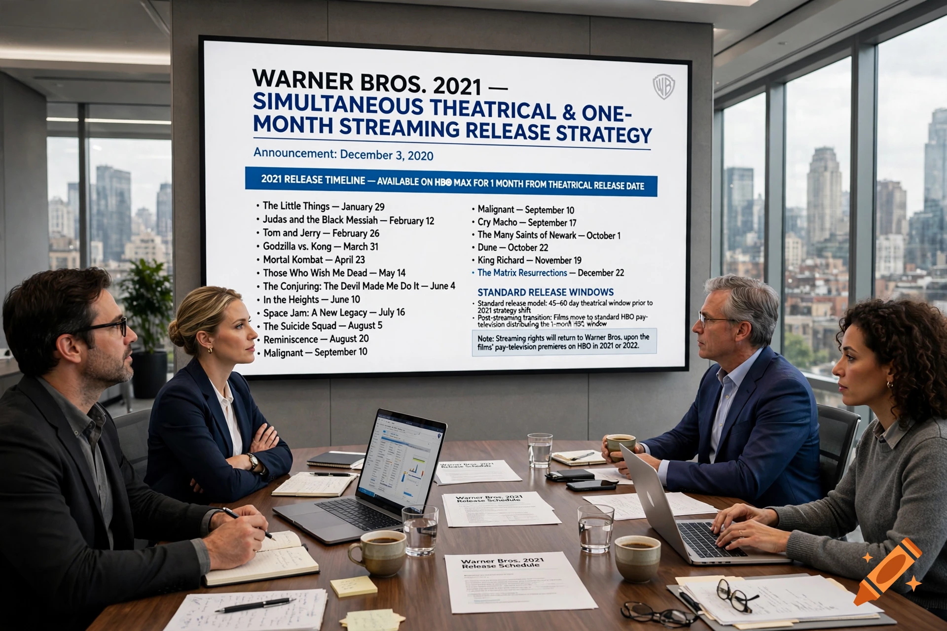 Photorealistic image of four business professionals in a modern conference room looking at a screen displaying a release schedule.