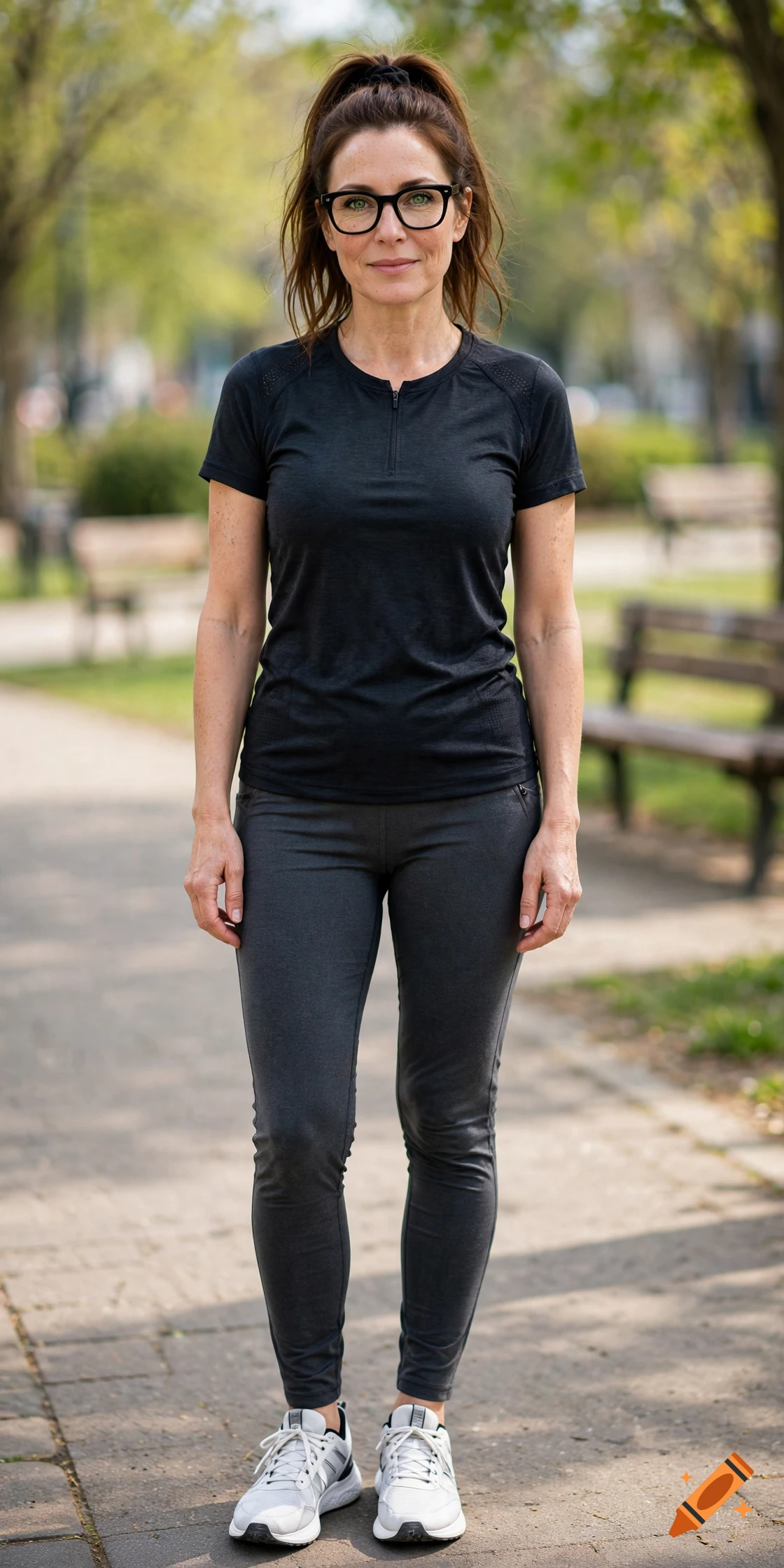 Photorealistic full-body portrait of a 43-year-old woman with brown hair in a ponytail, wearing glasses and athletic clothing in a park.