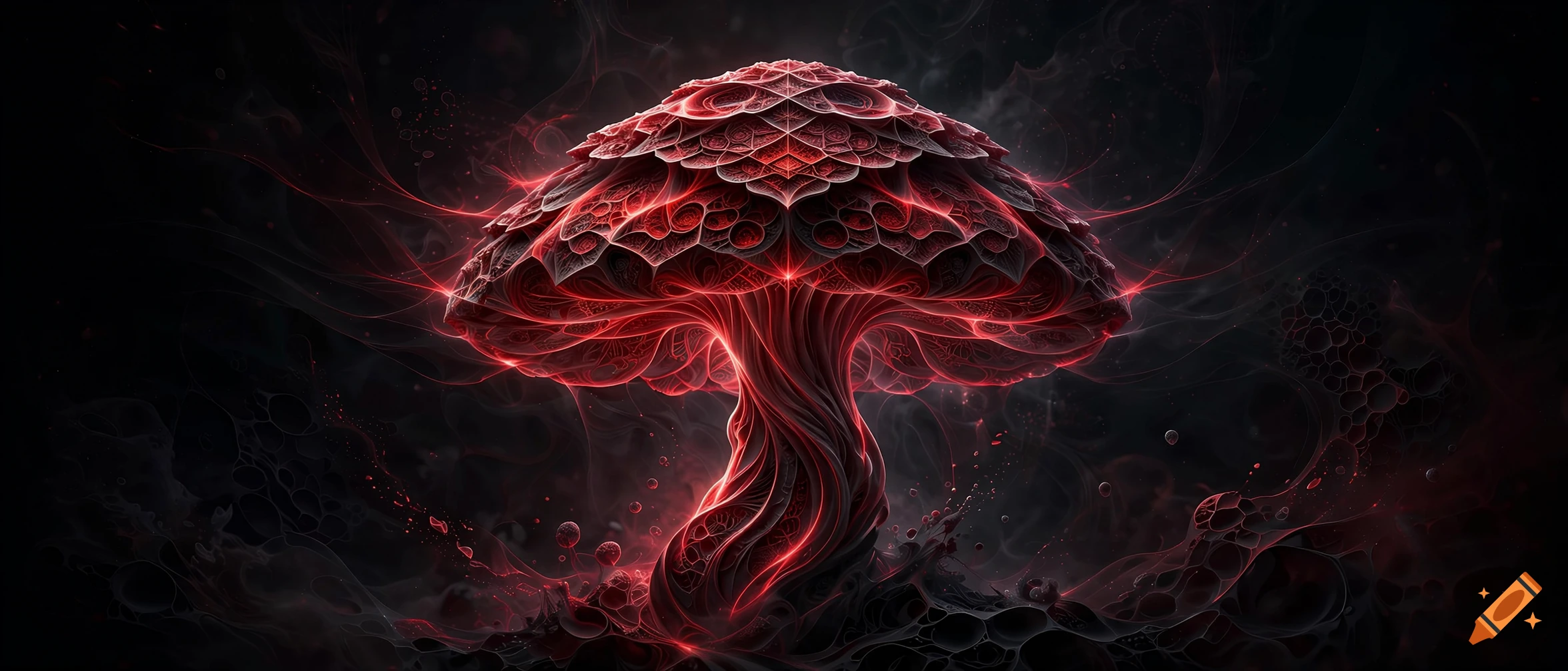 A large psychedelic red mushroom with intricate fractal patterns and glowing red tendrils against a dark smoky background.