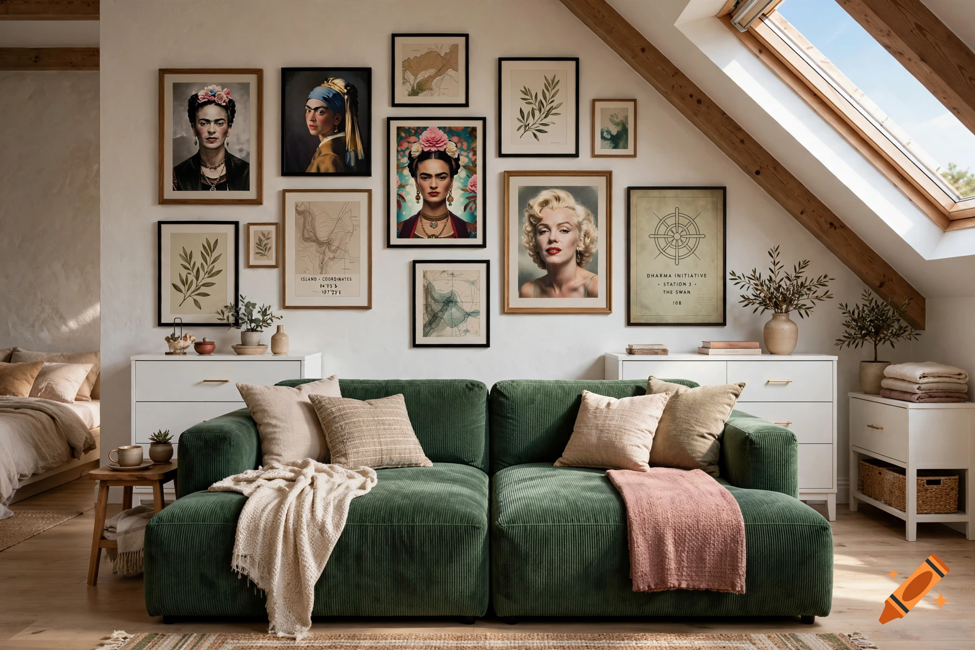 Photorealistic attic living room with a green corduroy sofa, white dressers, and a gallery wall with famous art prints.