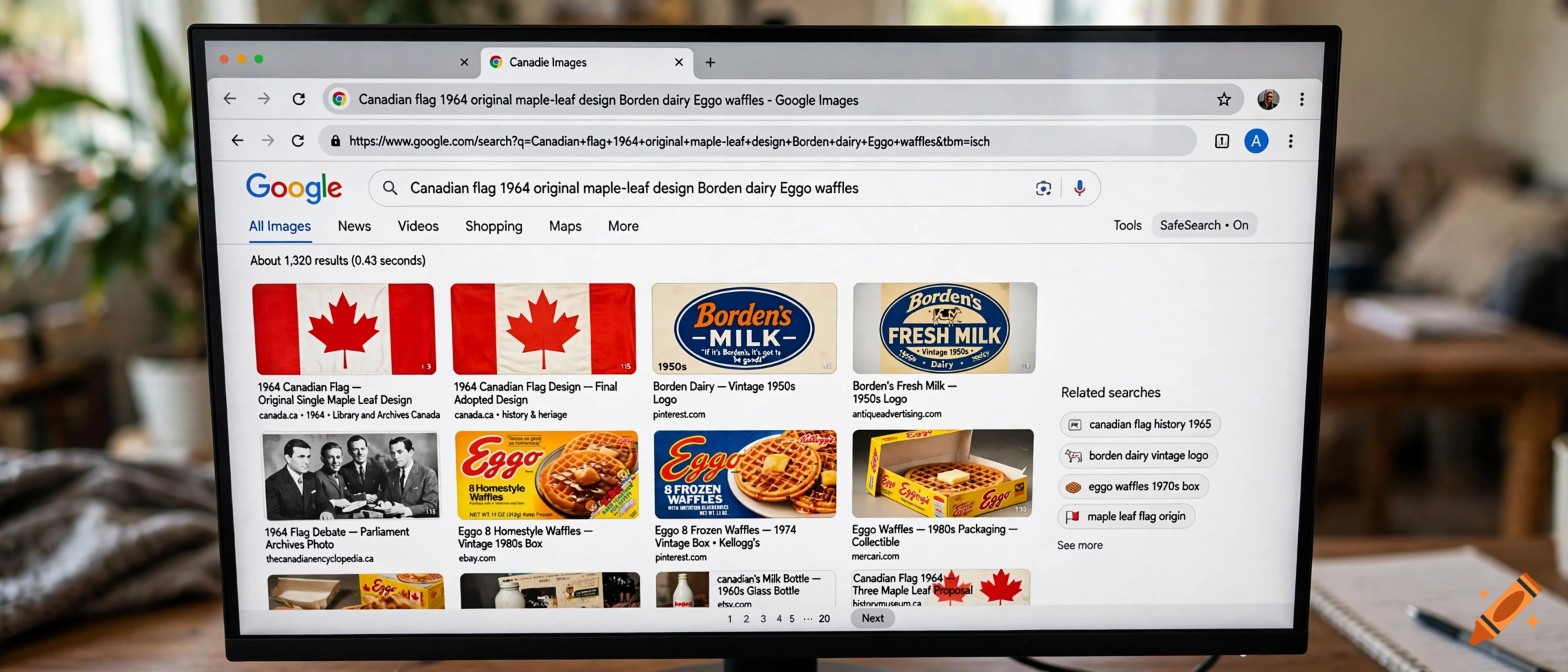 A computer monitor displaying a Google image search for Canadian flag designs and vintage Borden dairy and Eggo waffle logos.
