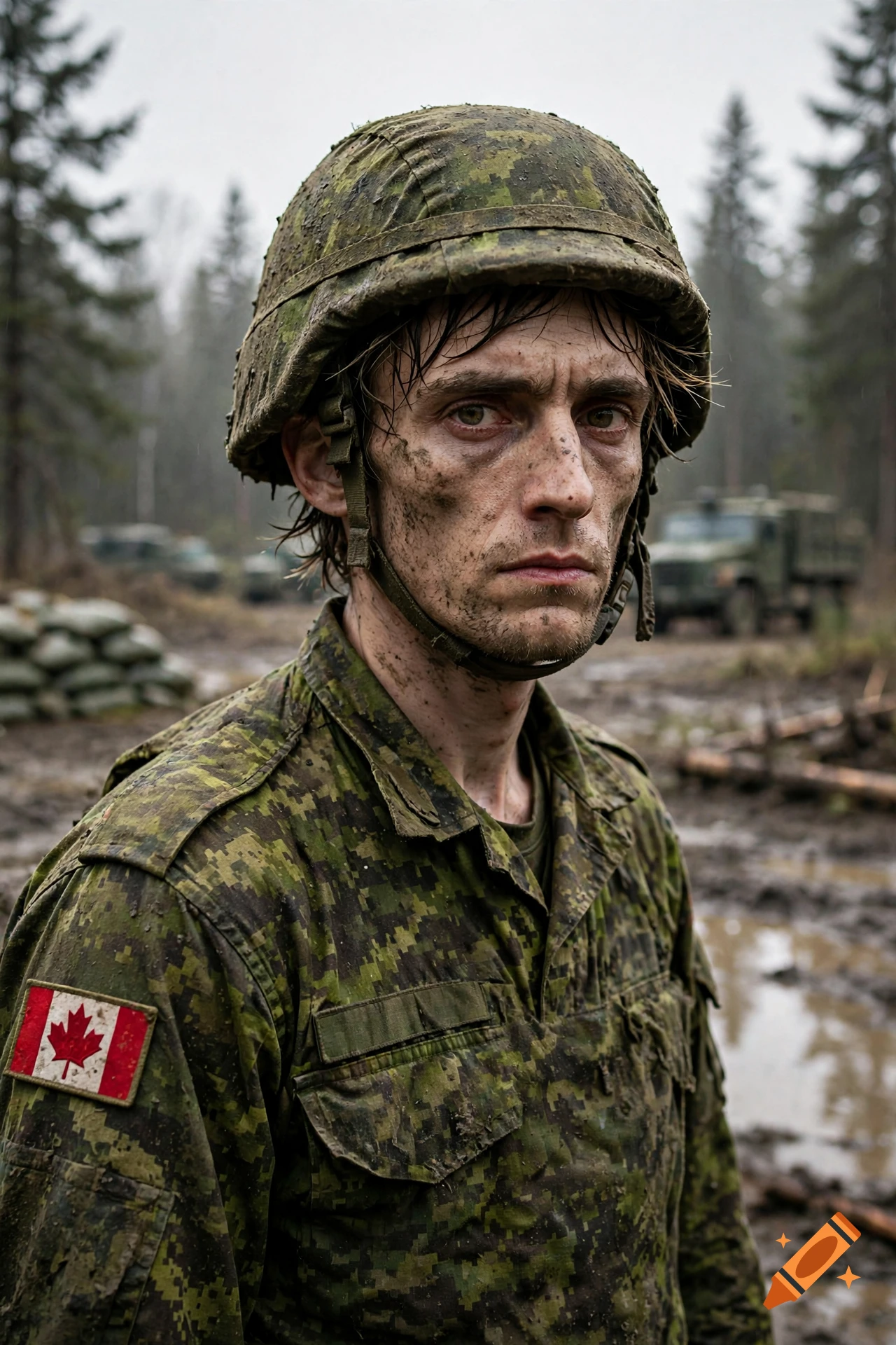 Close-up photorealistic portrait of a skinny, mud-covered Canadian soldier in uniform wearing a helmet in a forest.