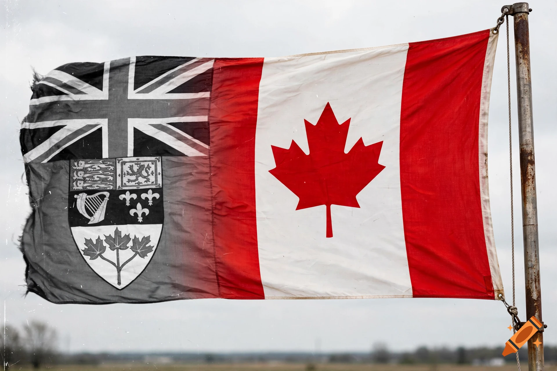 Photorealistic image of a Canadian flag transitioning from a black and white historical version on the left to the modern red and white maple leaf flag on the right, waving on a flagpole.