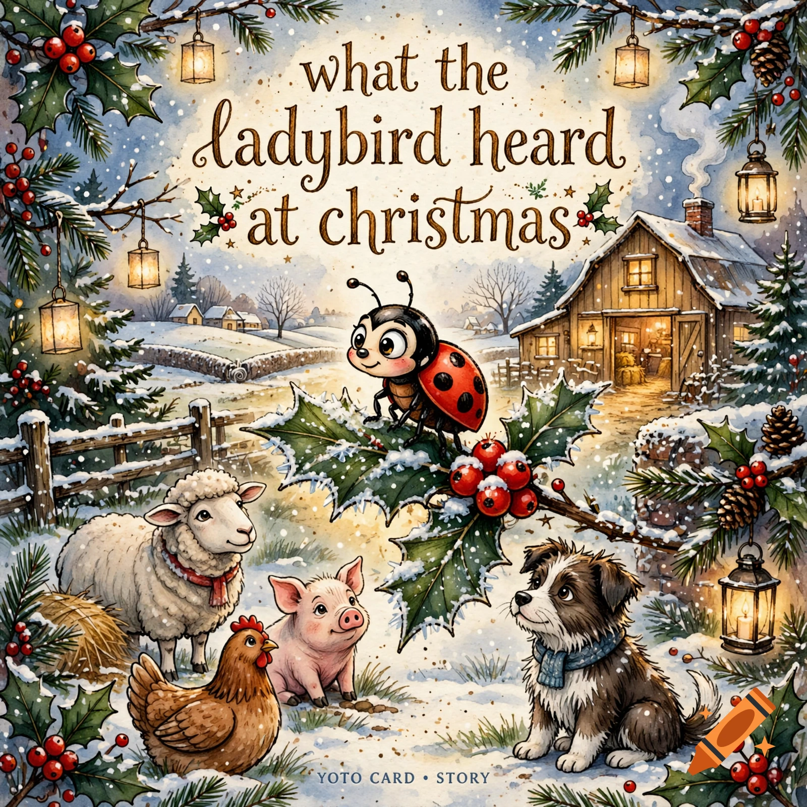 Watercolor children's book cover illustration of a ladybird on a holly branch surrounded by farm animals in snow.