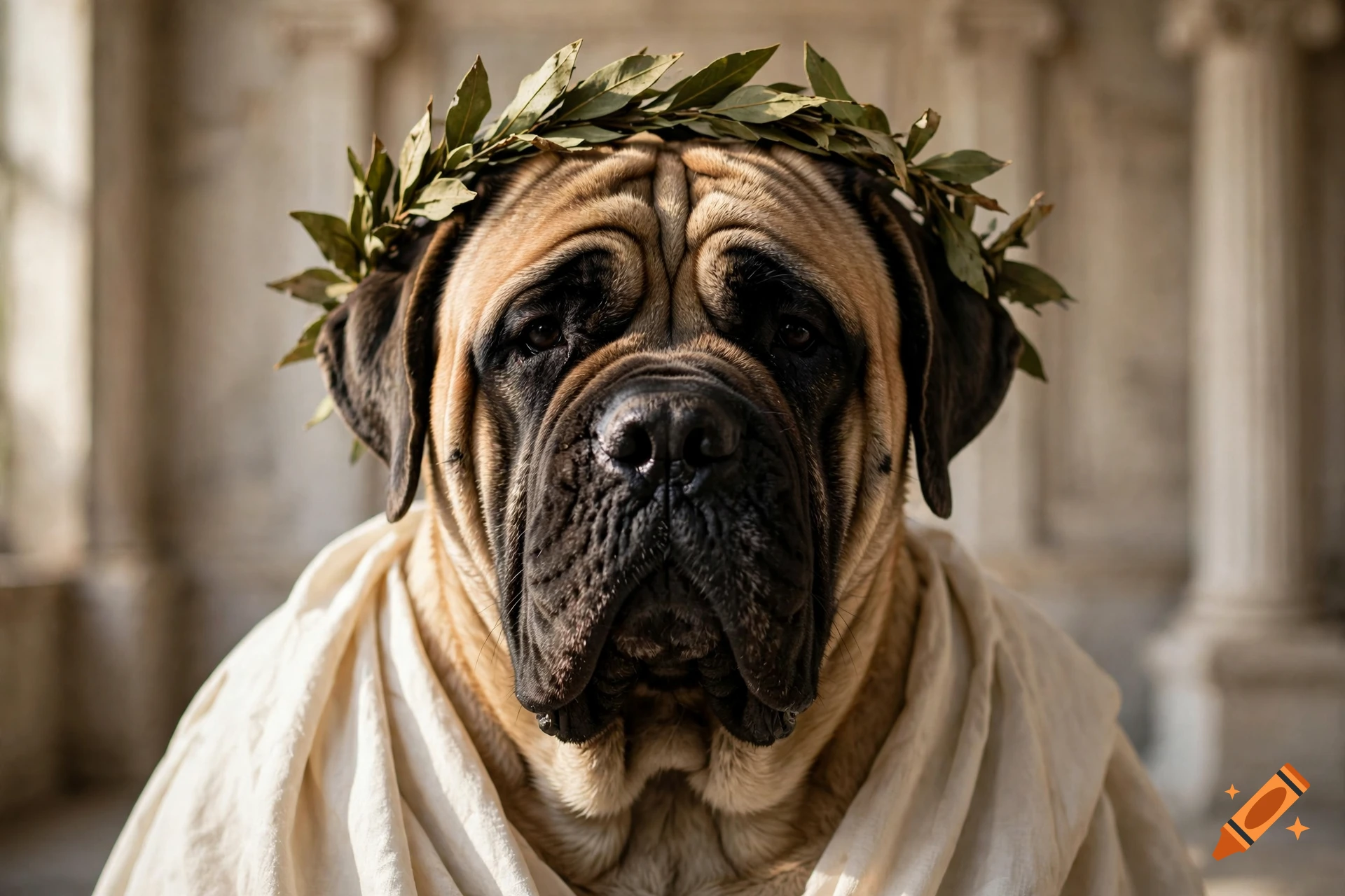 Photorealistic close-up of an English Mastiff wearing a white toga and a laurel leaf crown.