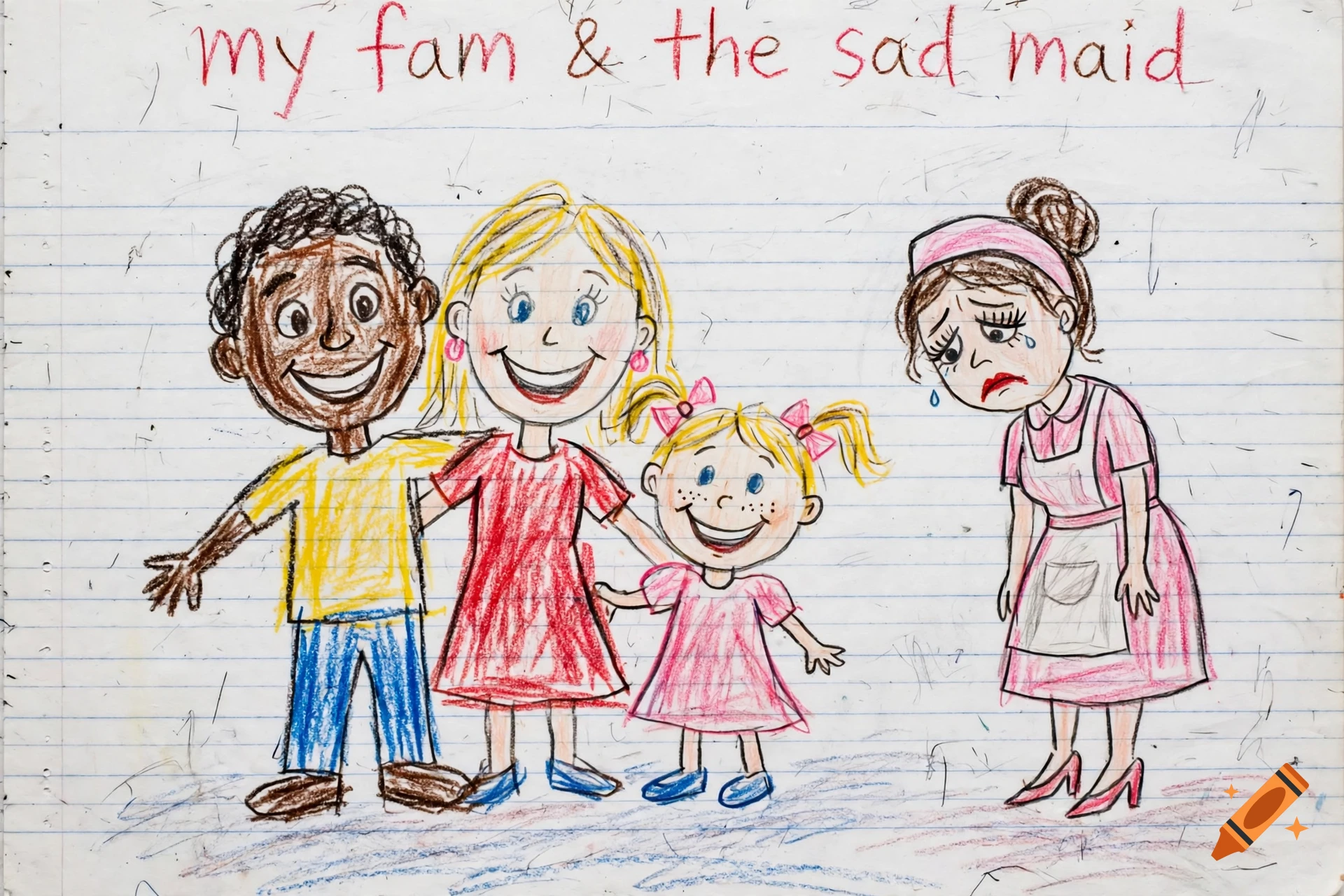Crayon drawing on lined paper of a happy family and a sad maid in a pink uniform.