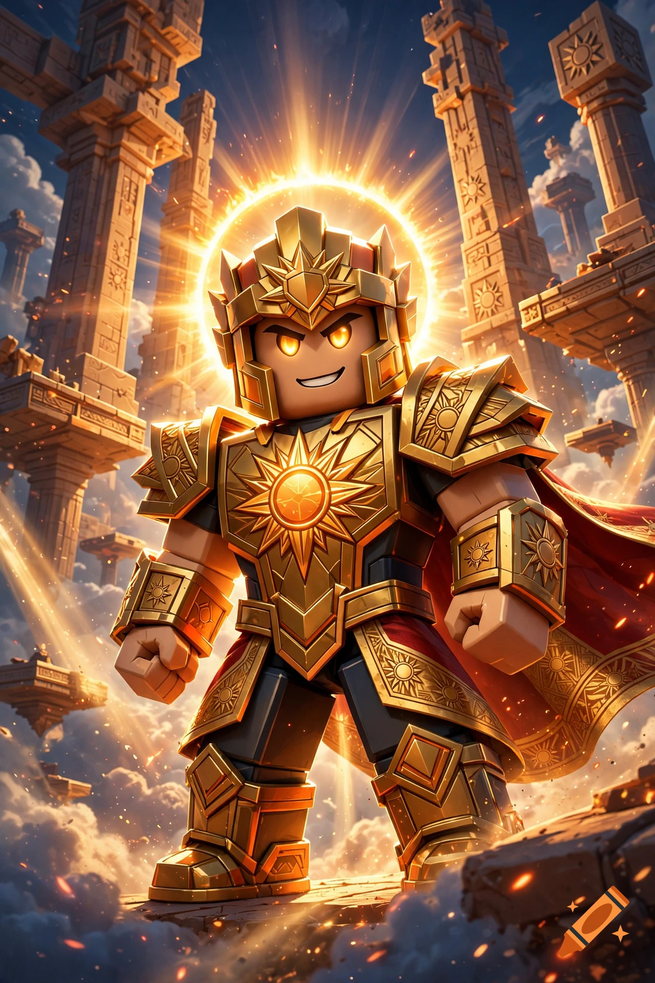A Roblox character in ornate golden sun-themed armor and a radiant halo, standing amidst ancient stone pillars in a celestial sky.