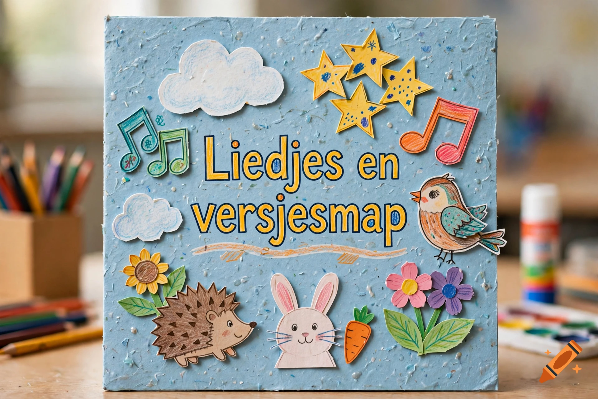 Handmade light blue notebook cover with cut-out paper decorations including clouds, stars, music notes, a hedgehog, a rabbit, and a bird.
