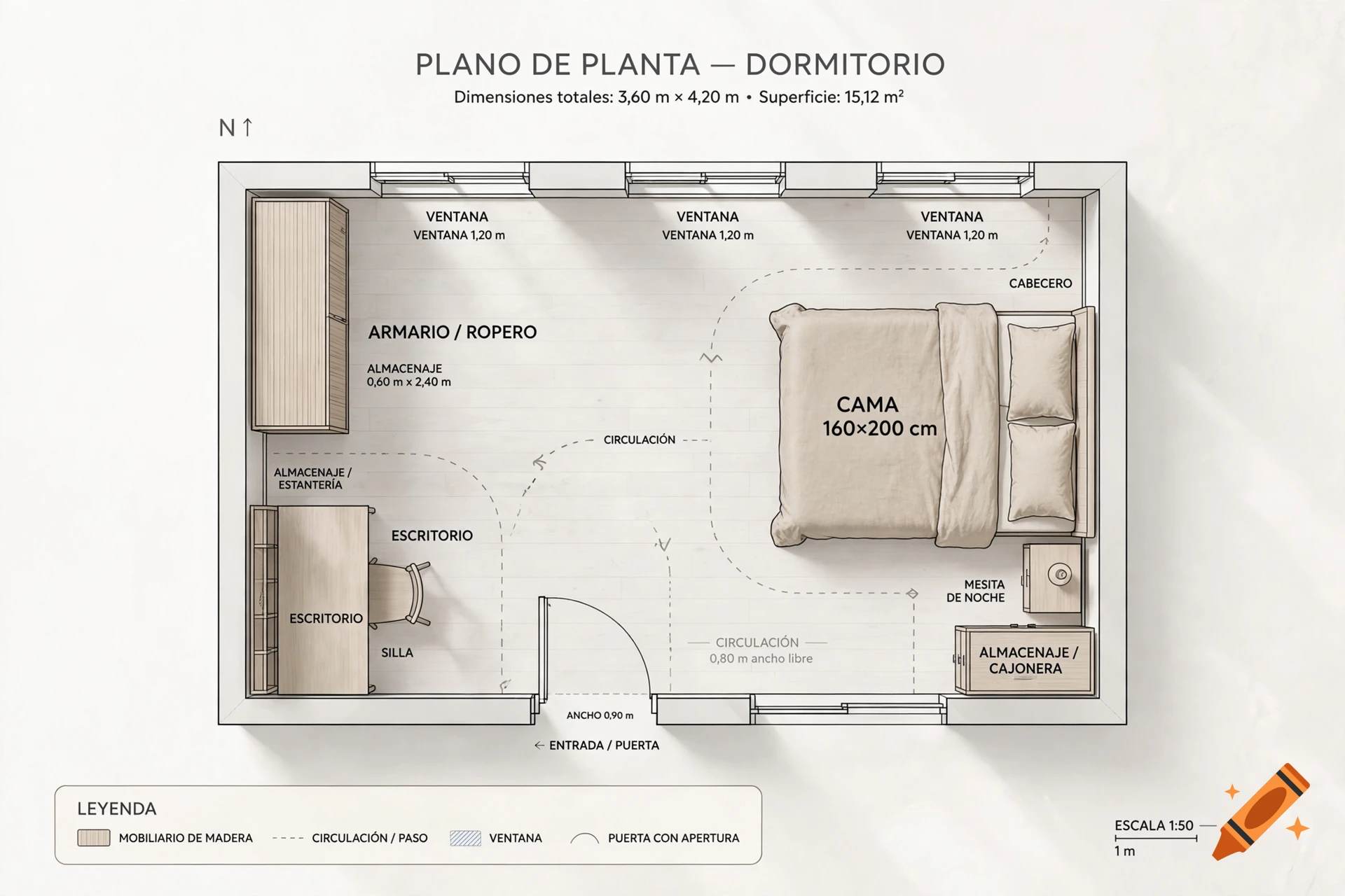 Top-down floor plan of a bedroom with wooden flooring, a bed, wardrobe, desk, and measurements in Spanish.