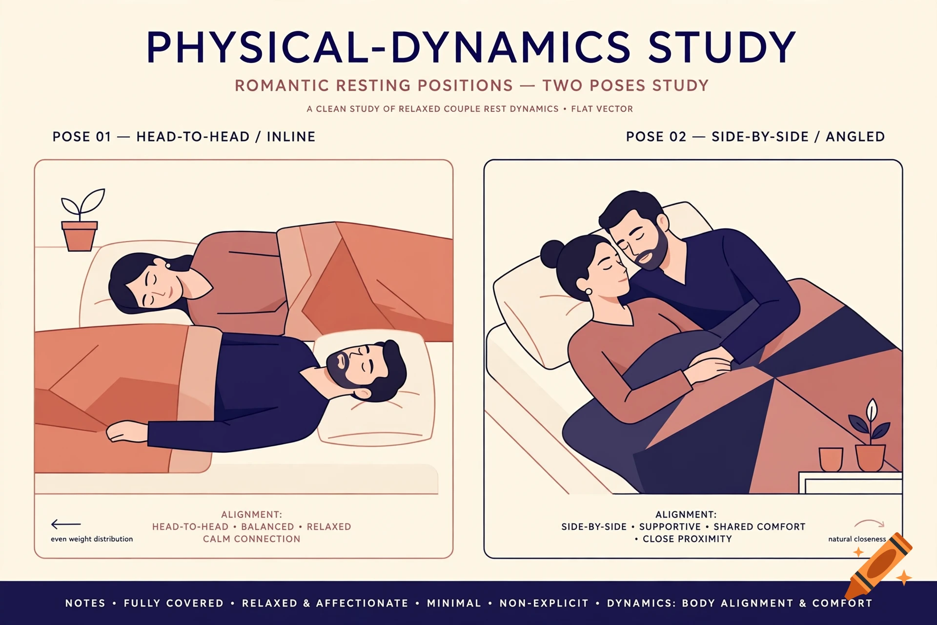 Infographic style flat vector illustration depicting romantic resting positions for couples in bed.