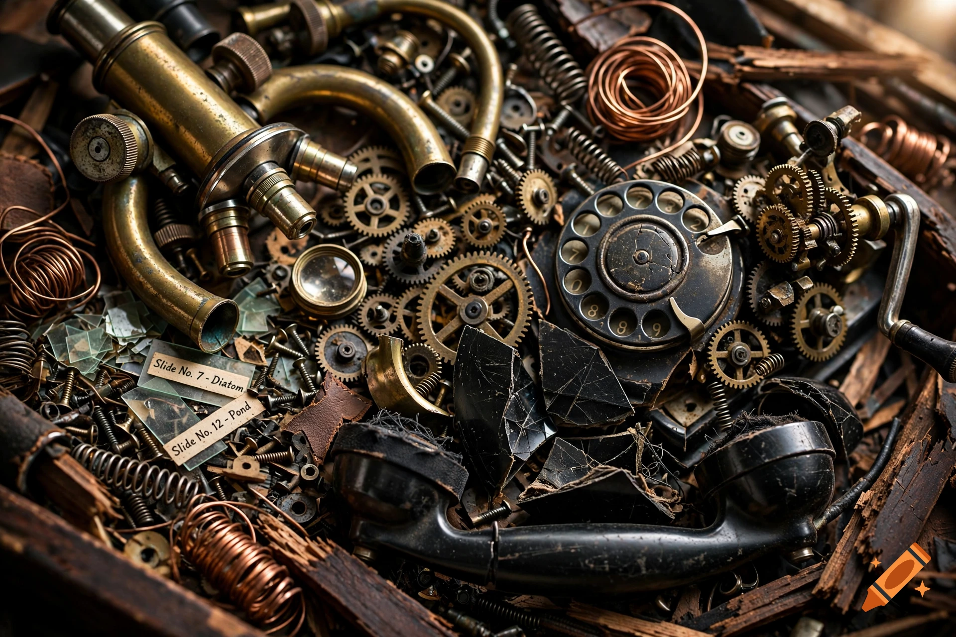 Overhead macro photograph of a dismantled vintage microscope, broken rotary phone, gears, and wires.