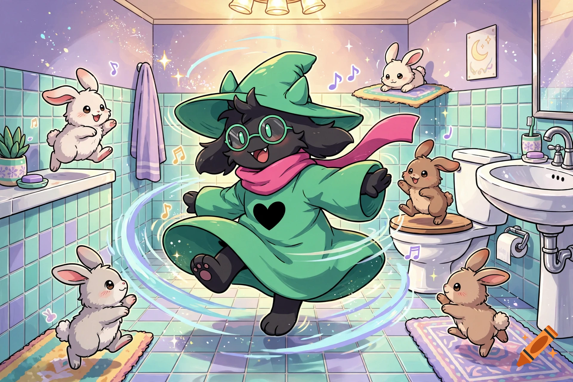Ralsei from Deltarune dancing in a tiled bathroom surrounded by cute cartoon bunnies, anime style illustration.