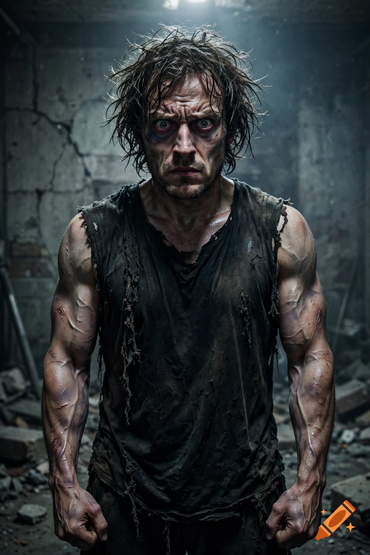 Photorealistic portrait of a deranged man with messy hair, bloodshot eyes, and highly veiny muscular arms in a ruined concrete room.