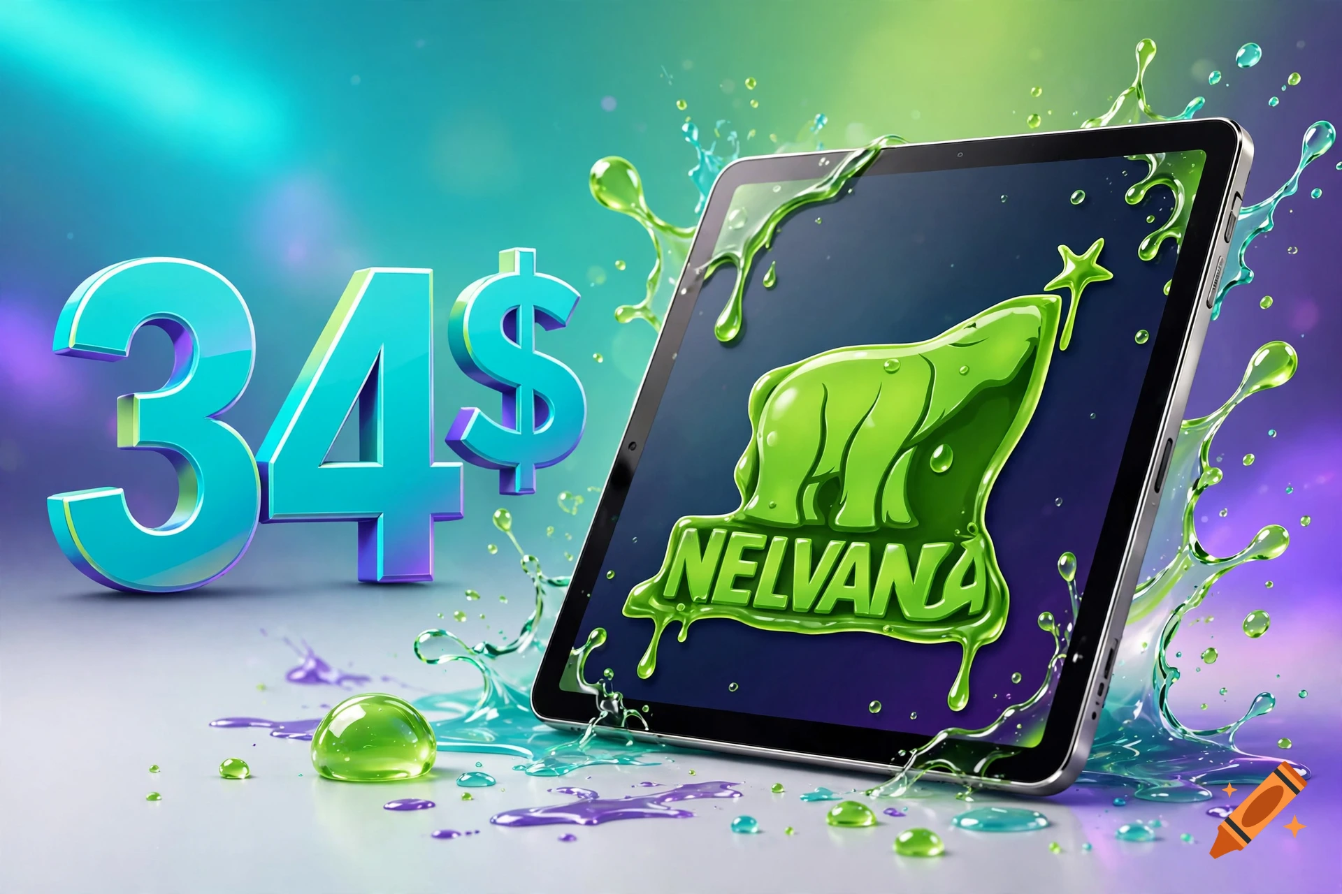 A 3D digital illustration featuring the text '34$' and a tablet displaying the Nelvana bear logo, surrounded by green slime and purple splatters against a vibrant background.