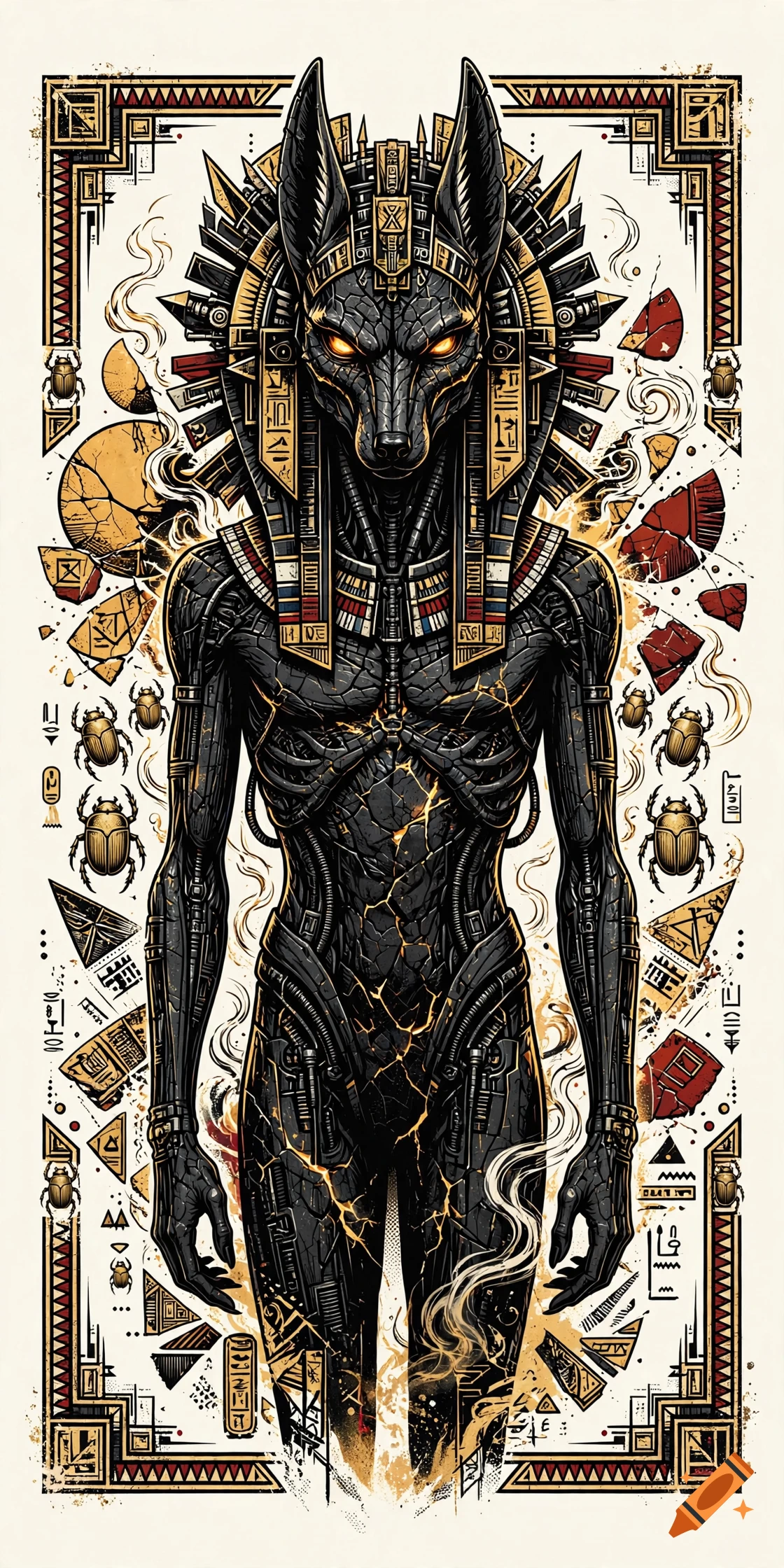 Anubis-like Egyptian deity with mechanical and cracked body details surrounded by hieroglyphs and scarab beetles in a vintage illustration style.