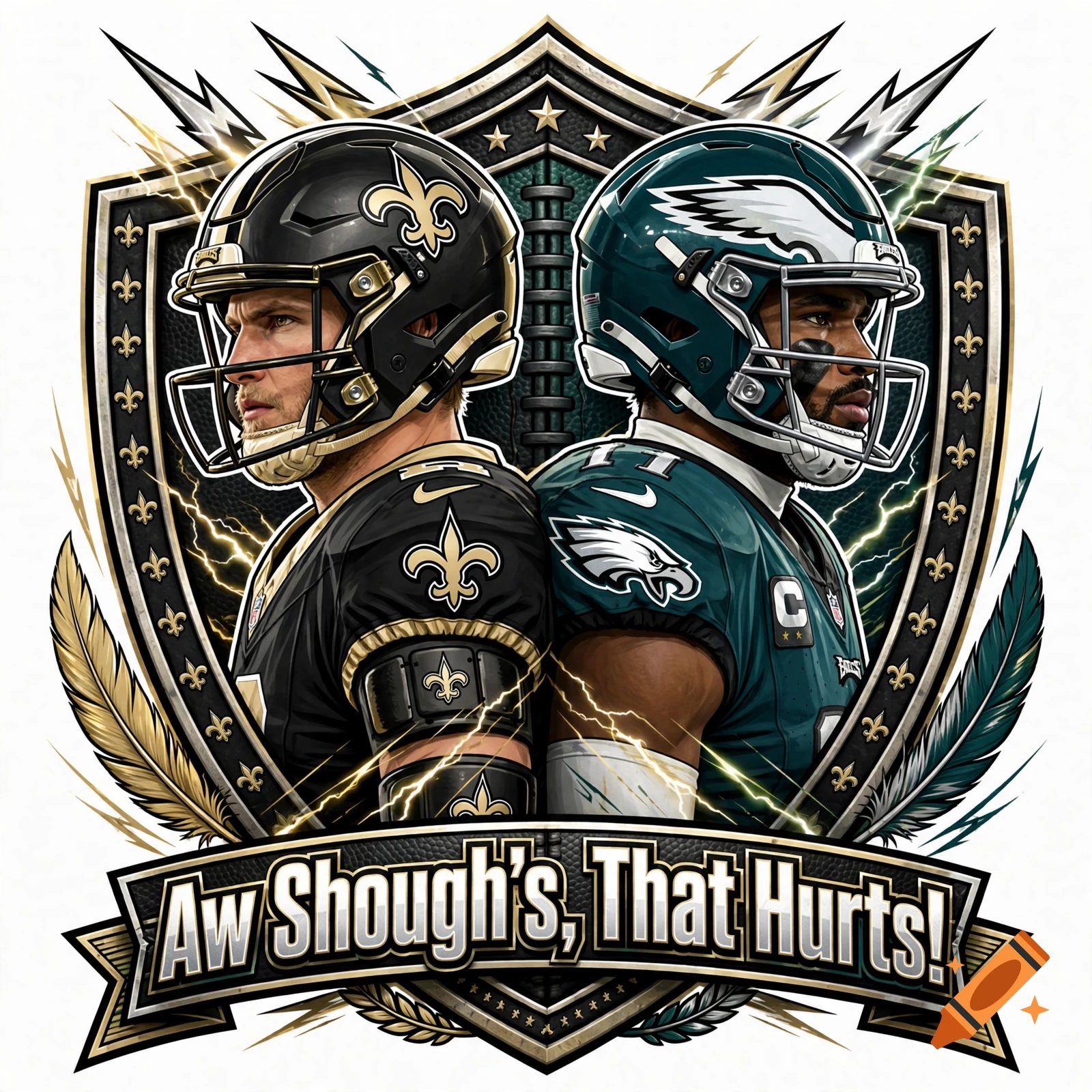 Fantasy football logo featuring Tyler Shough and Jalen Hurts back-to-back inside a shield with the text Aw Shough's, That Hurts!