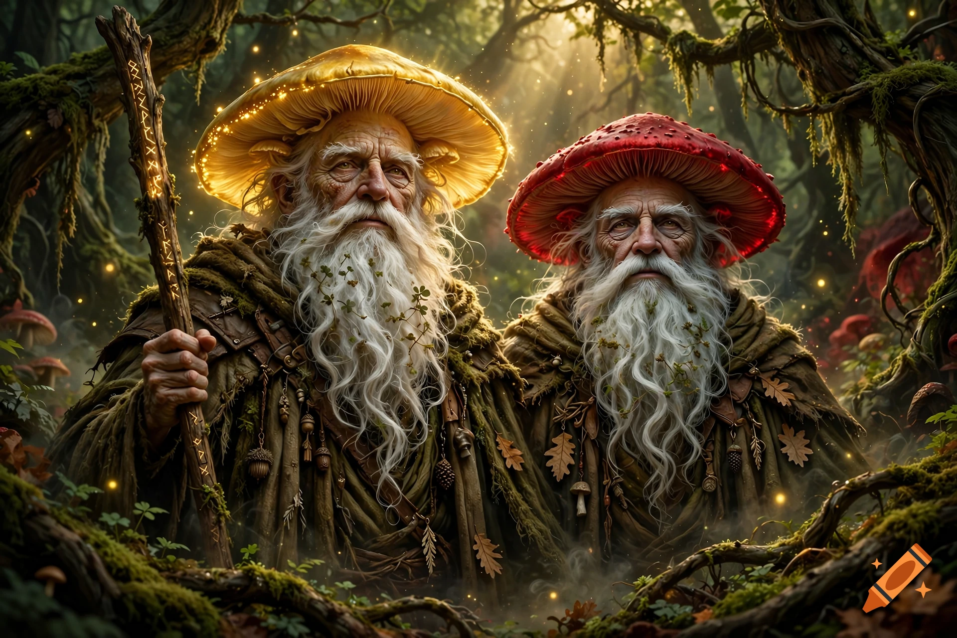 Photorealistic fantasy portrait of two elderly mushroom people with long white beards and mushroom caps in a mystical forest.