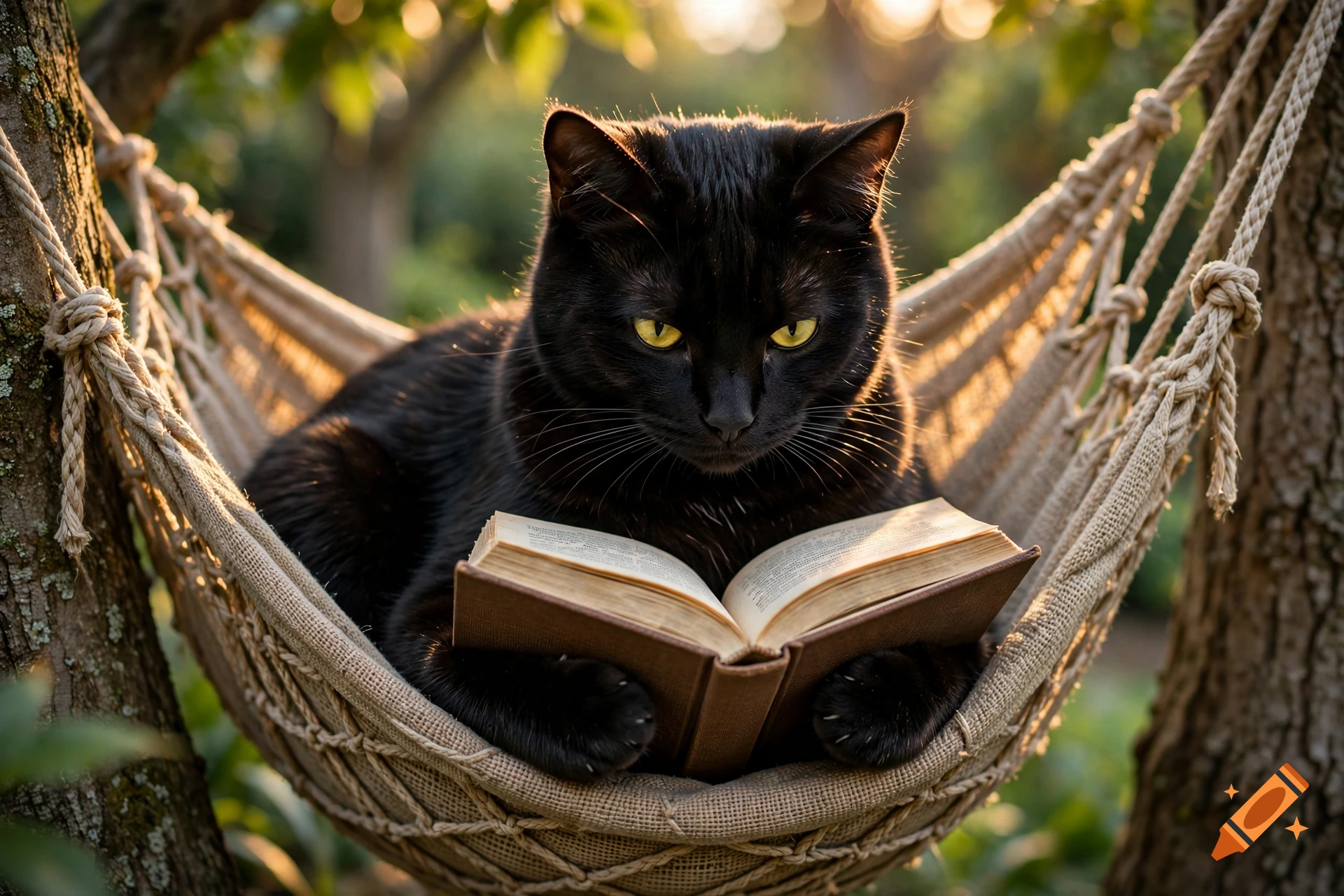 Photorealistic image of a black cat sitting in a hammock outdoors at sunset, holding an open book with gibberish text.