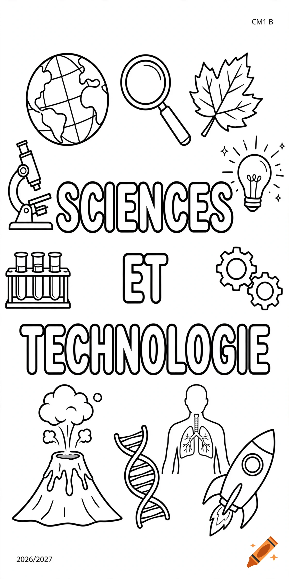 Black and white coloring page with science and technology themes including a globe, microscope, and the text SCIENCES ET TECHNOLOGIE.