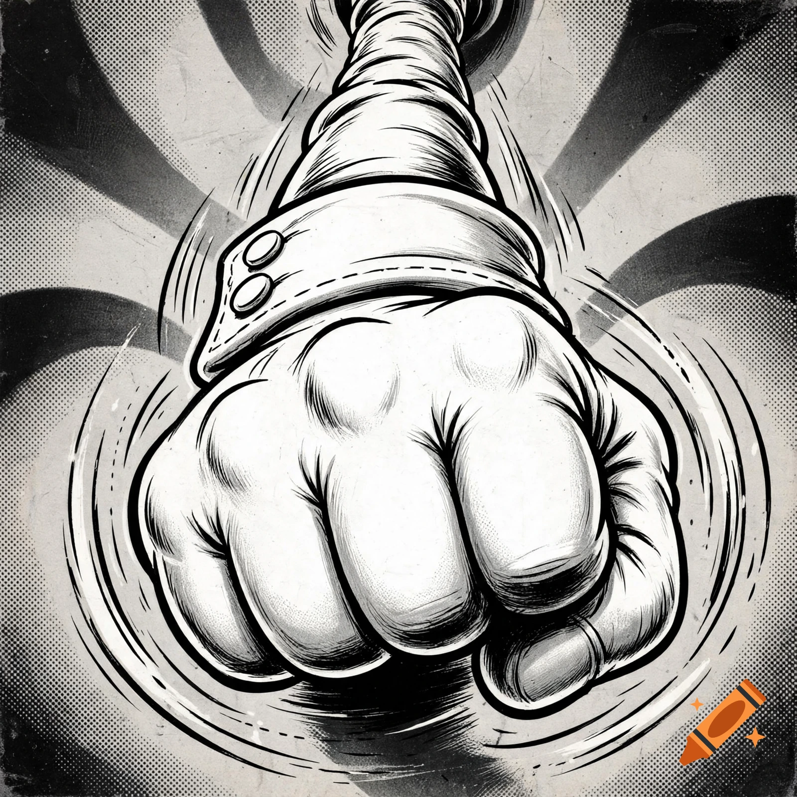 Black and white cartoon illustration of a gloved fist punching forward in Cuphead style.