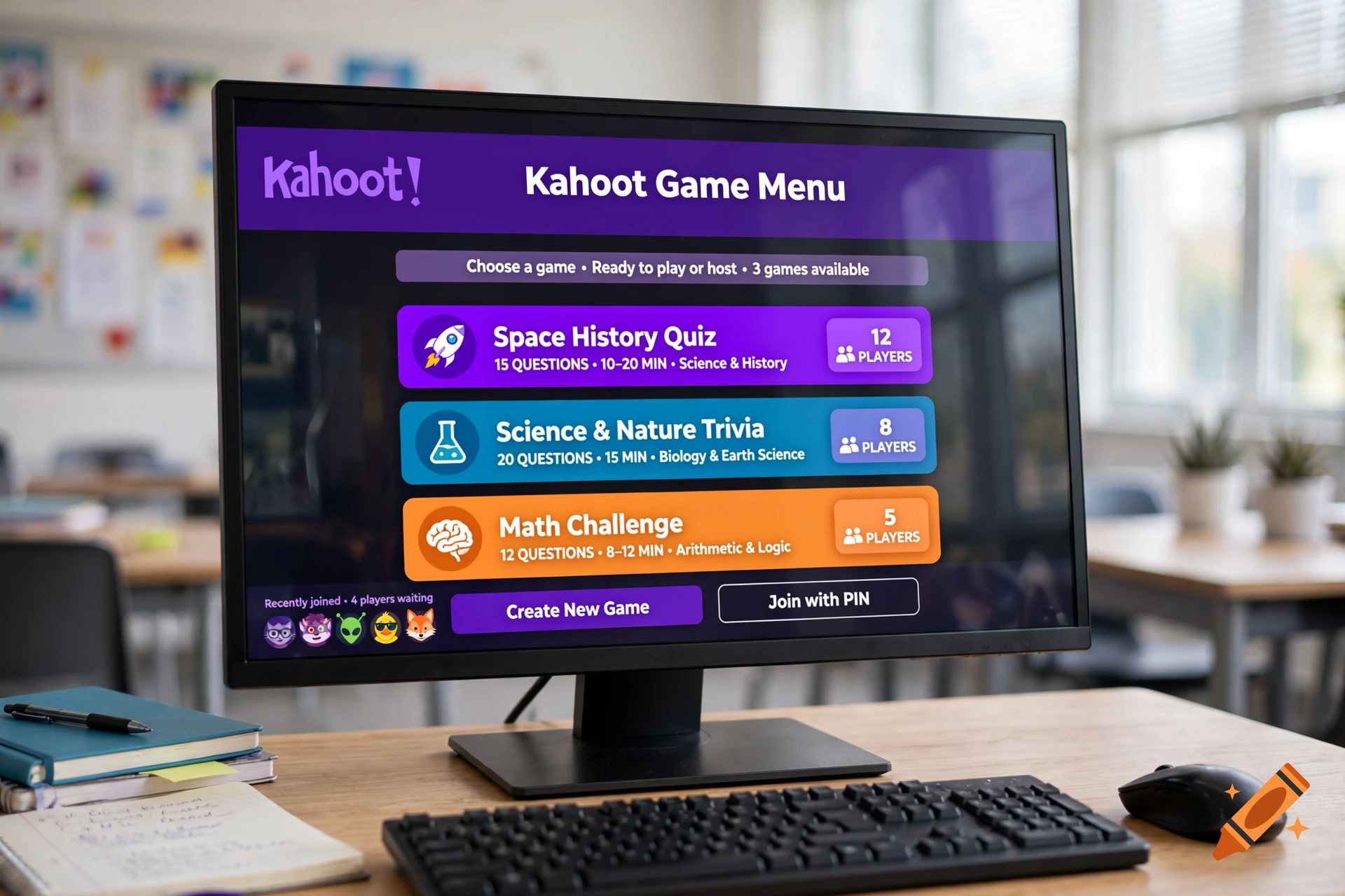 A computer monitor on a wooden desk displaying a Kahoot game menu with three trivia options in a classroom.