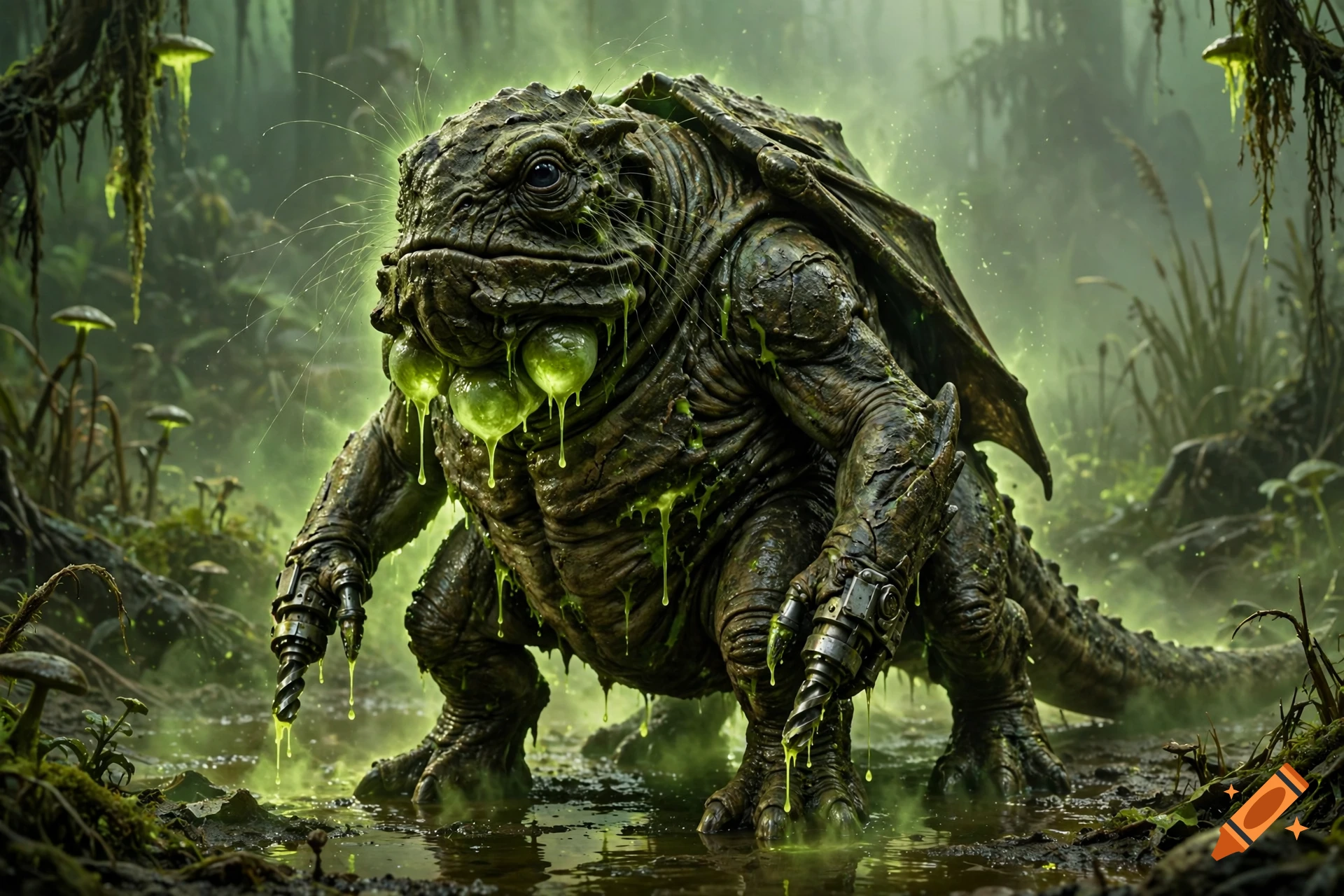 Photorealistic image of a four-legged alien creature with drill hands and glowing green slime in a toxic swamp.