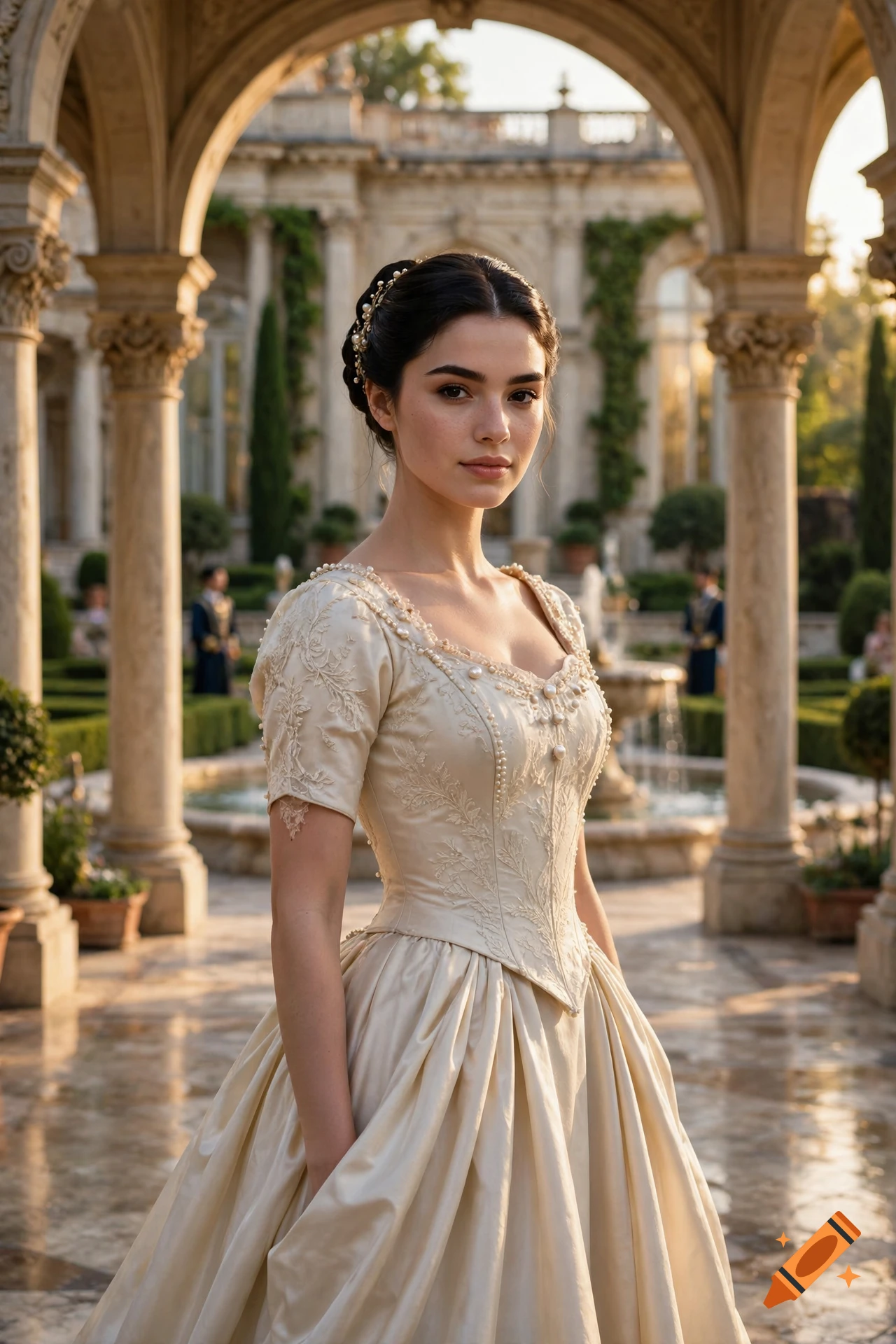 Photorealistic portrait of a young woman in a historical cream-colored gown with pearl details, standing in an ornate stone courtyard with arches.