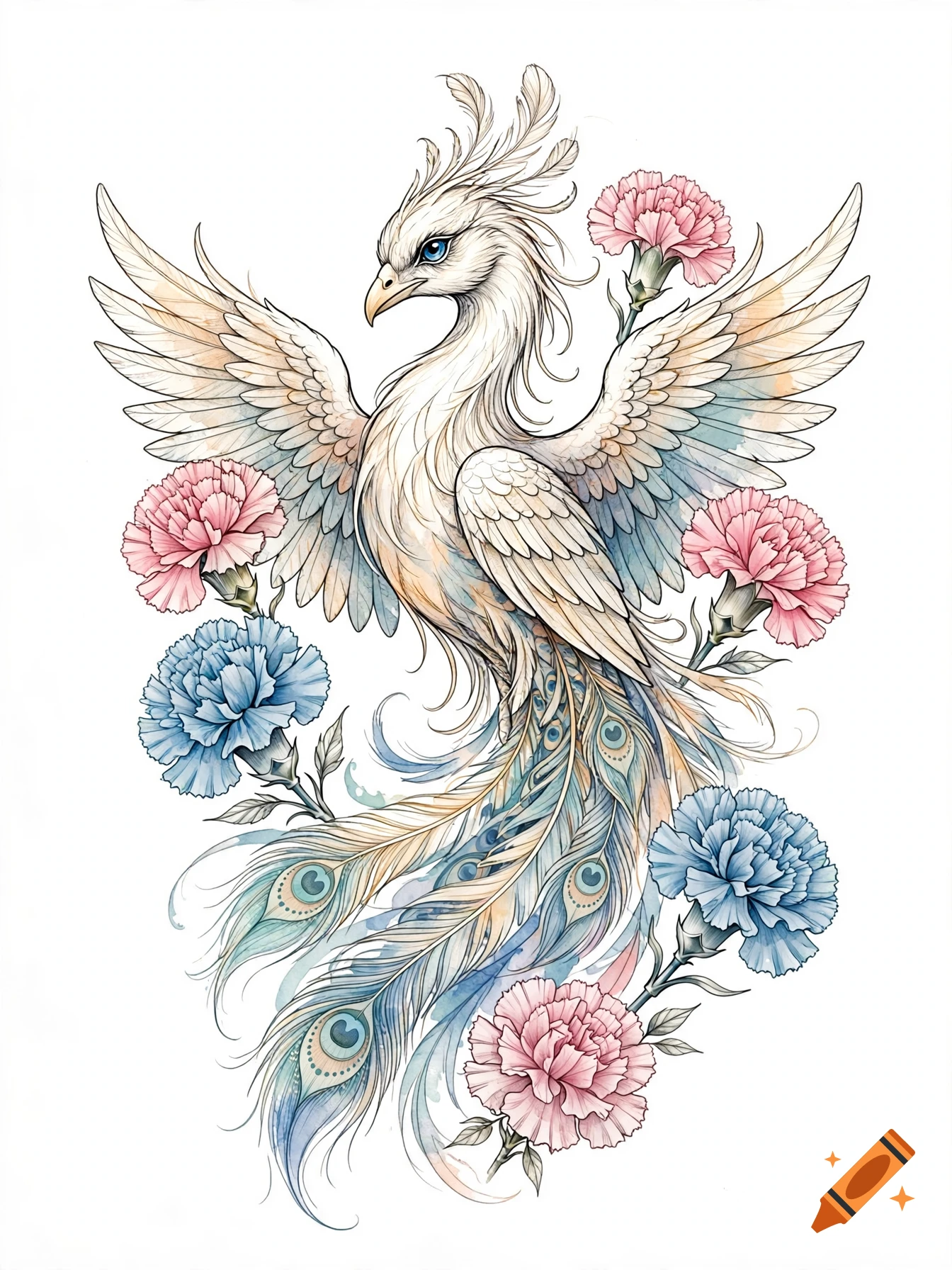 Watercolor and fine line tattoo design of a majestic white phoenix surrounded by pink and blue carnations.