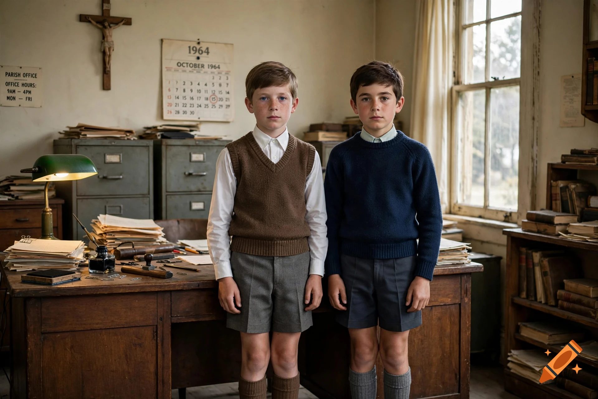Photorealistic image of two twelve-year-old schoolboys standing in a 1960s parish office with a calendar and crucifix in the background.