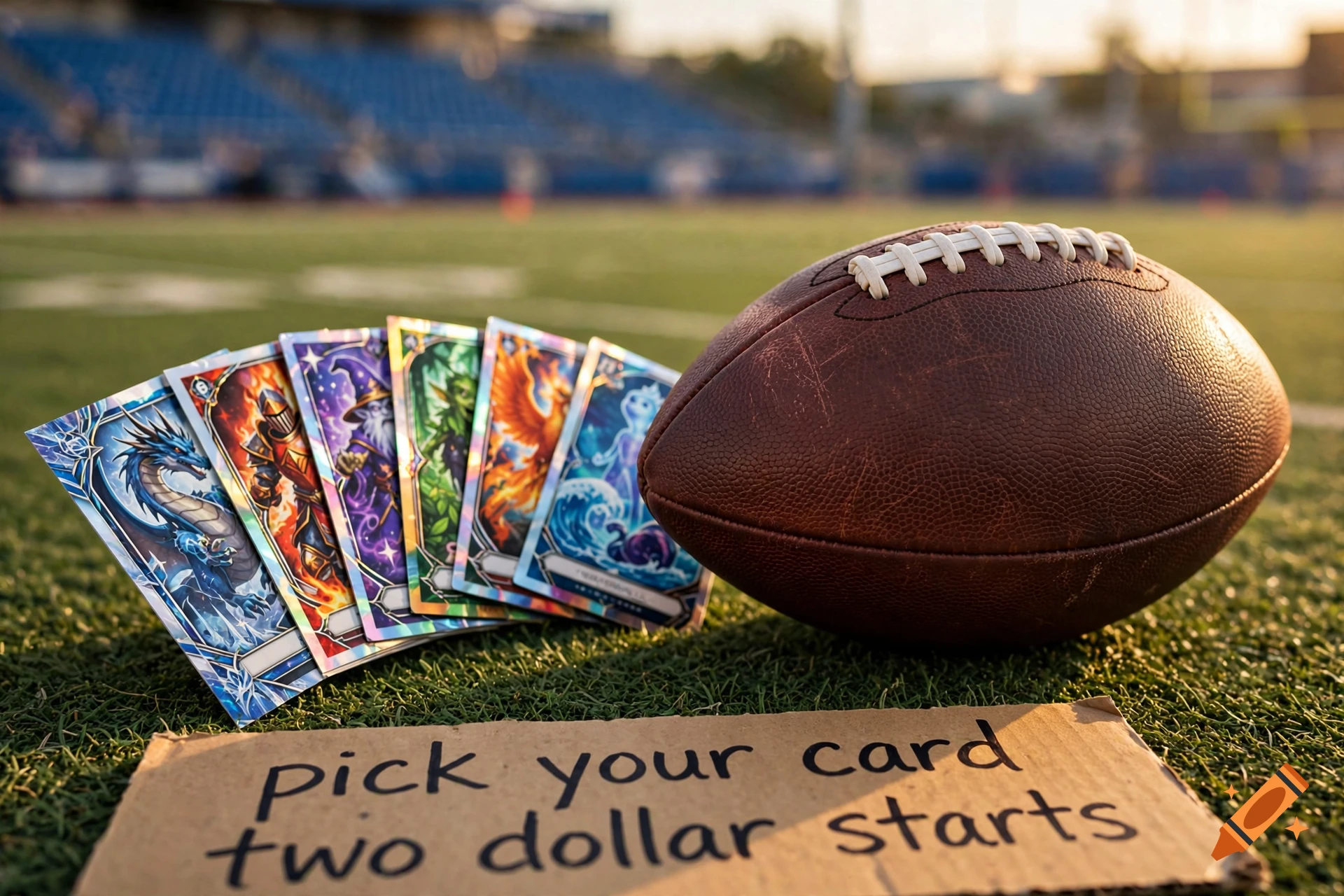 Photorealistic football resting on turf next to collectible fantasy trading cards and a cardboard sign reading pick your card two dollar starts.