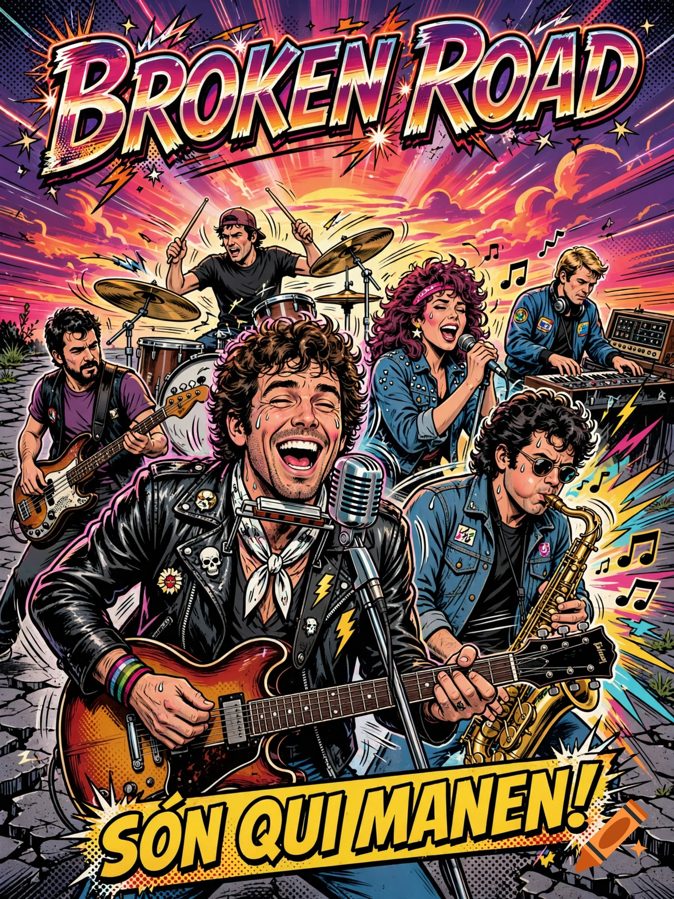 1980s retro comic book cover featuring a rock band performing live under a neon sunset with the title 'Broken Road'.