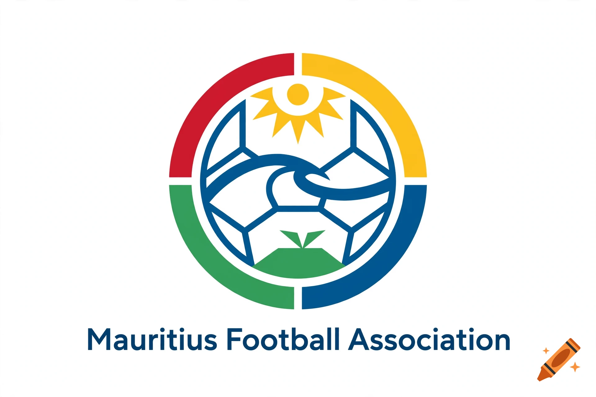 Minimalist logo for Mauritius Football Association featuring a stylized soccer ball with a sun and wave design, surrounded by a multicolored circle.