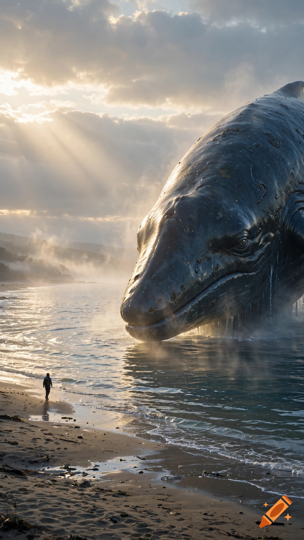 Cinematic realistic photography of a giant sea creature on a shore with a small human silhouette at dawn.