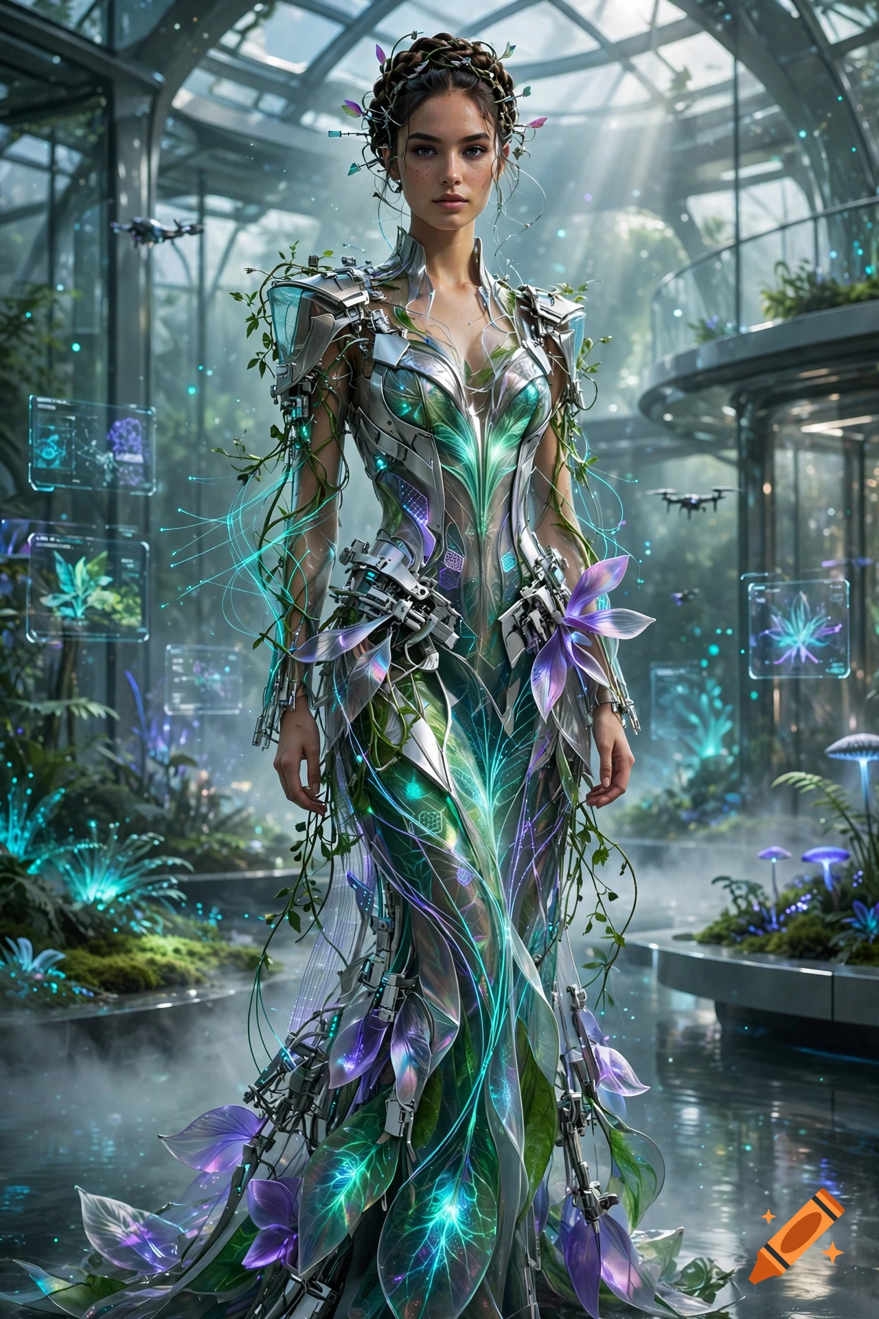 Photorealistic image of a woman in a futuristic gown made of plant vines and metal in a glass greenhouse.