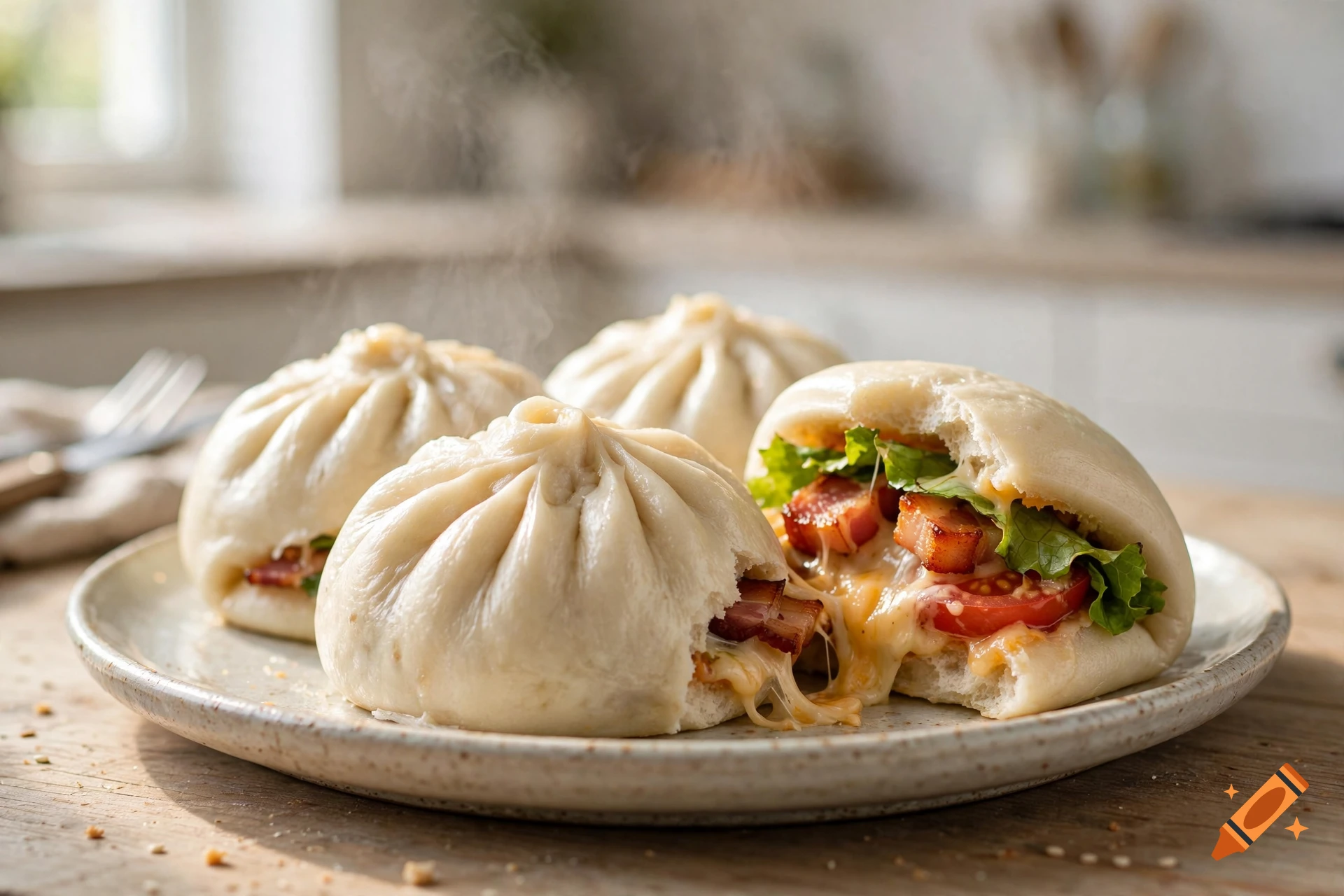 Photorealistic close-up of steam rising from three fluffy baozi buns on a ceramic plate, one bitten open to reveal bacon, melted cheese, and tomato filling.