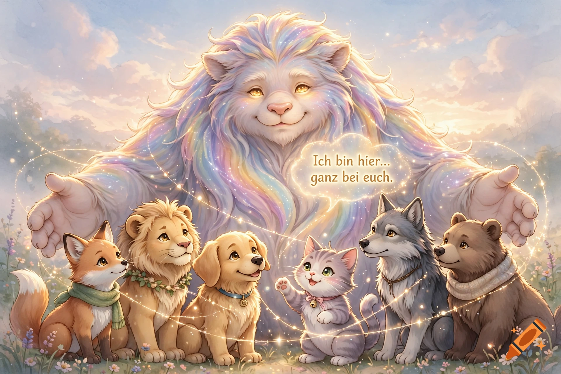 Digital illustration of a large, gentle, rainbow-furred creature embracing six various cartoon animals in a sunny landscape.