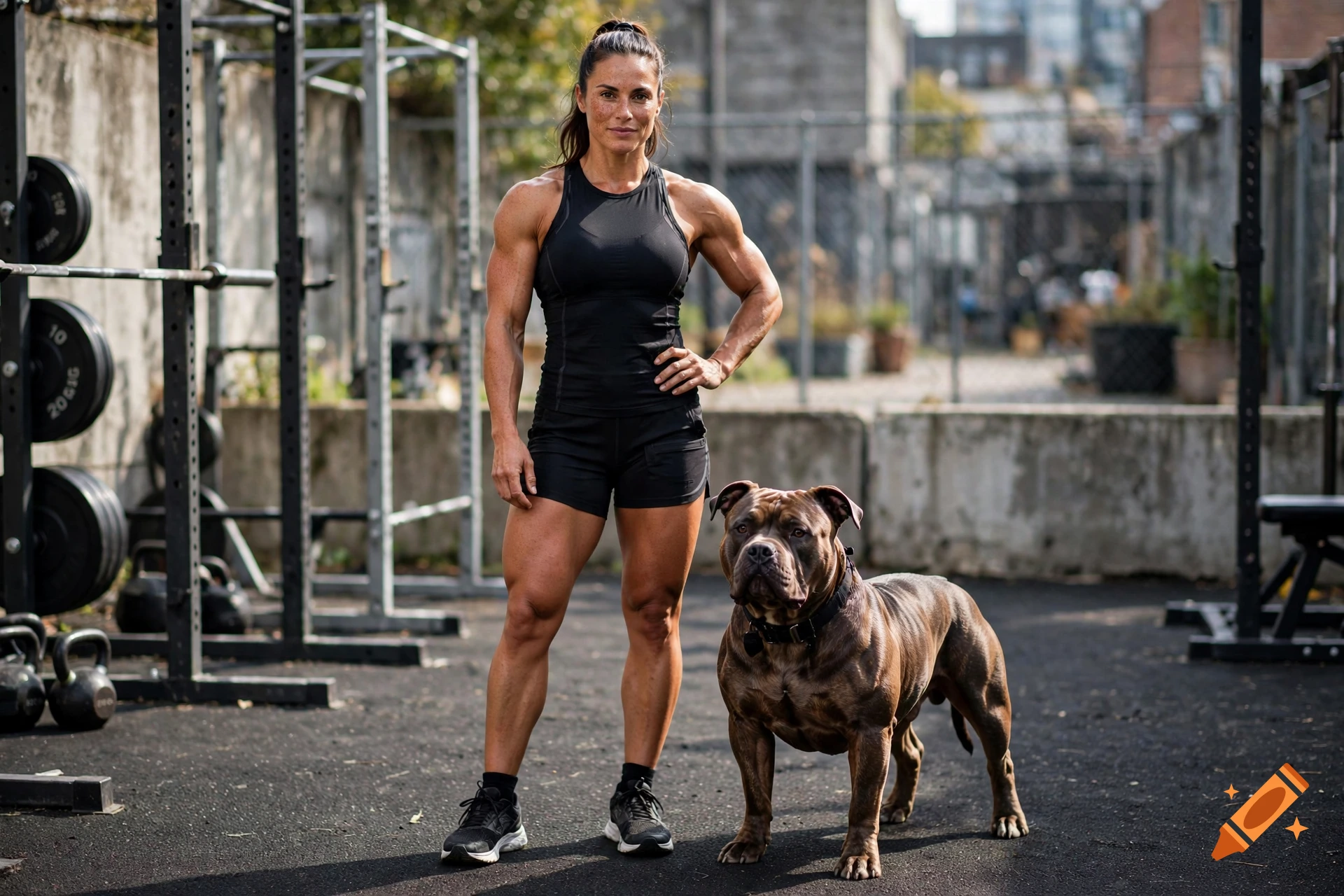 Photorealistic image of a muscular woman standing outdoors in a gym setting next to a large muscular dog.