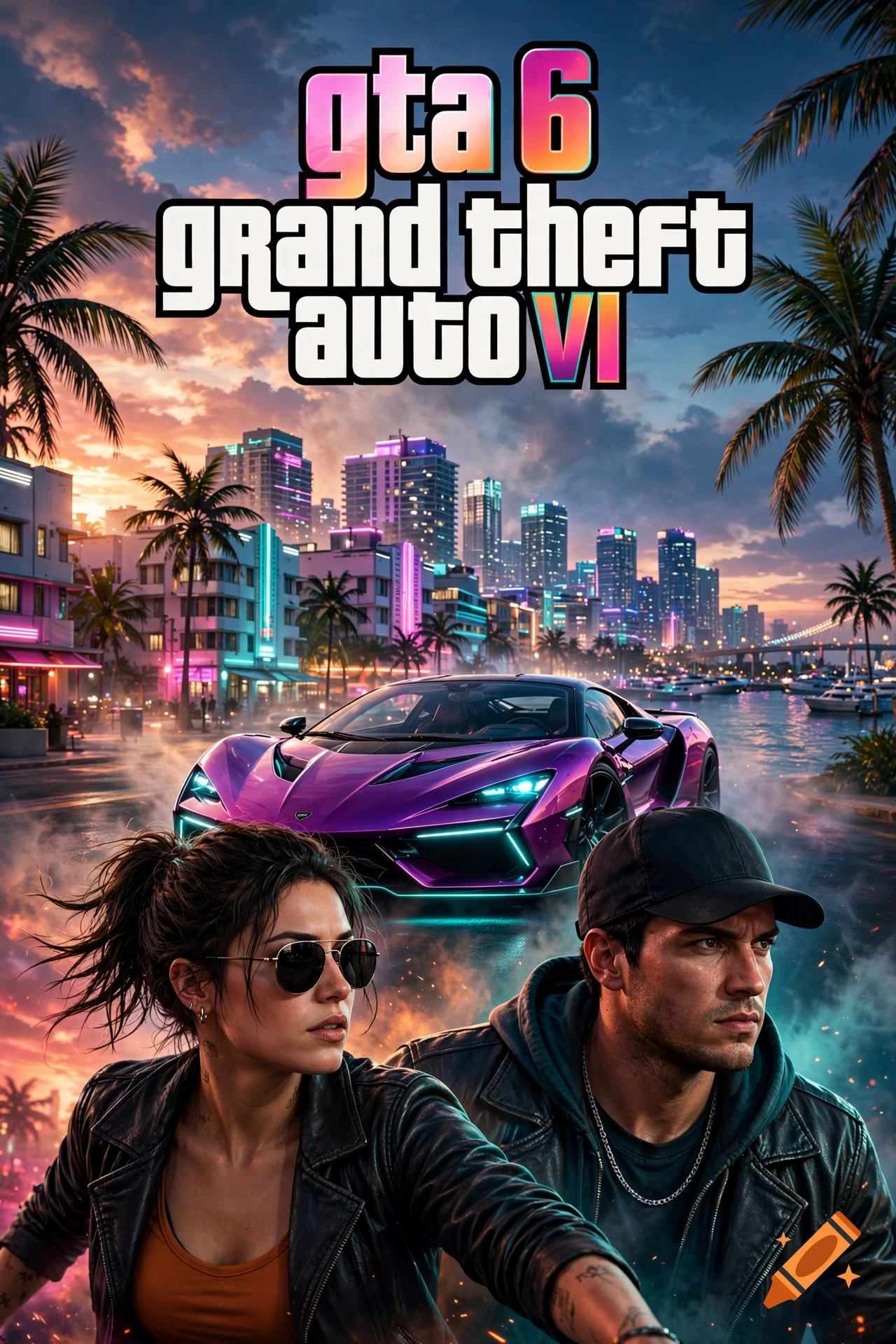 Video game promotional poster featuring a man and woman in leather jackets with a purple sports car and city skyline at sunset.