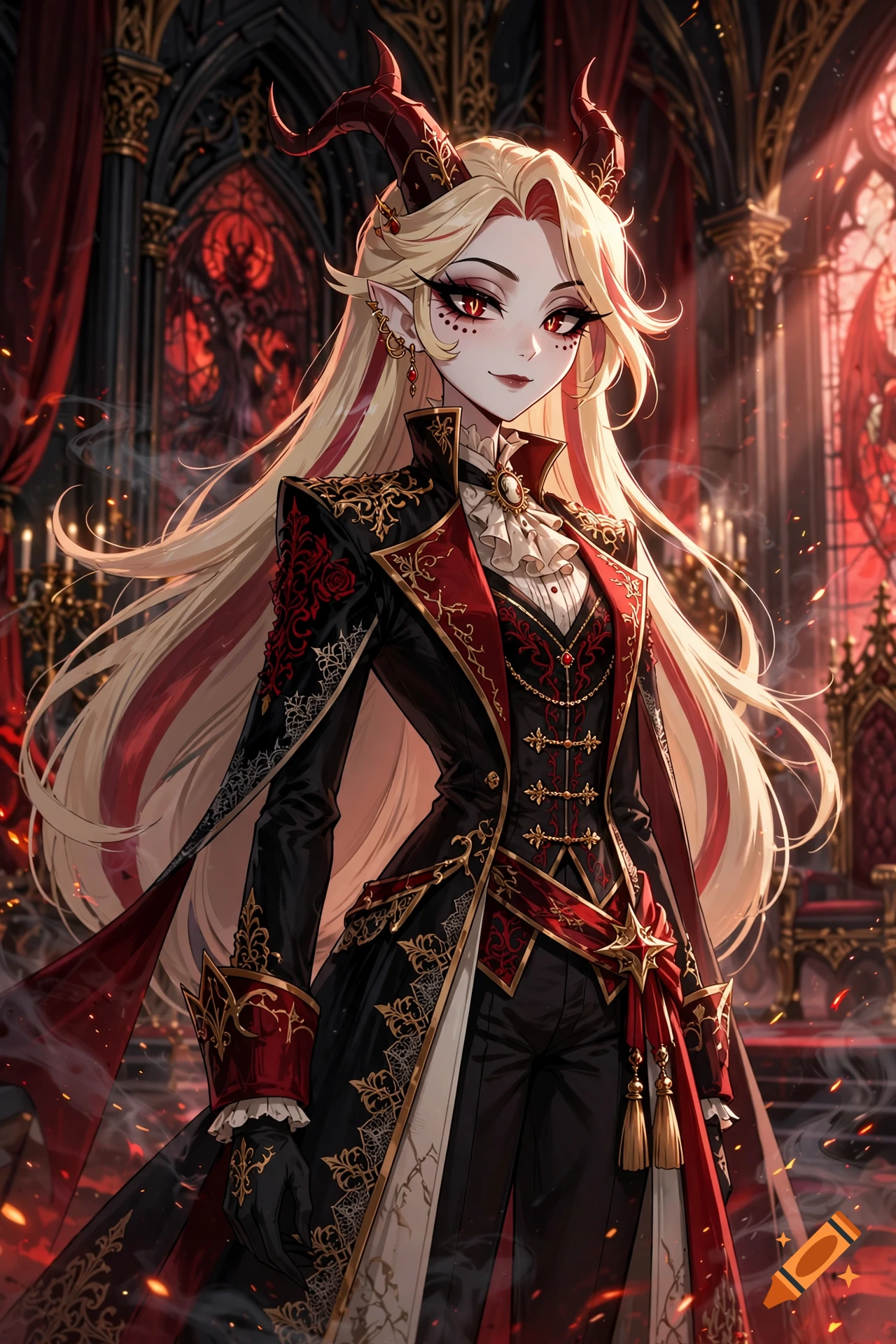 Anime style illustration of a female demon character with horns and long blonde hair, wearing a red and black gothic suit in a grand hall.