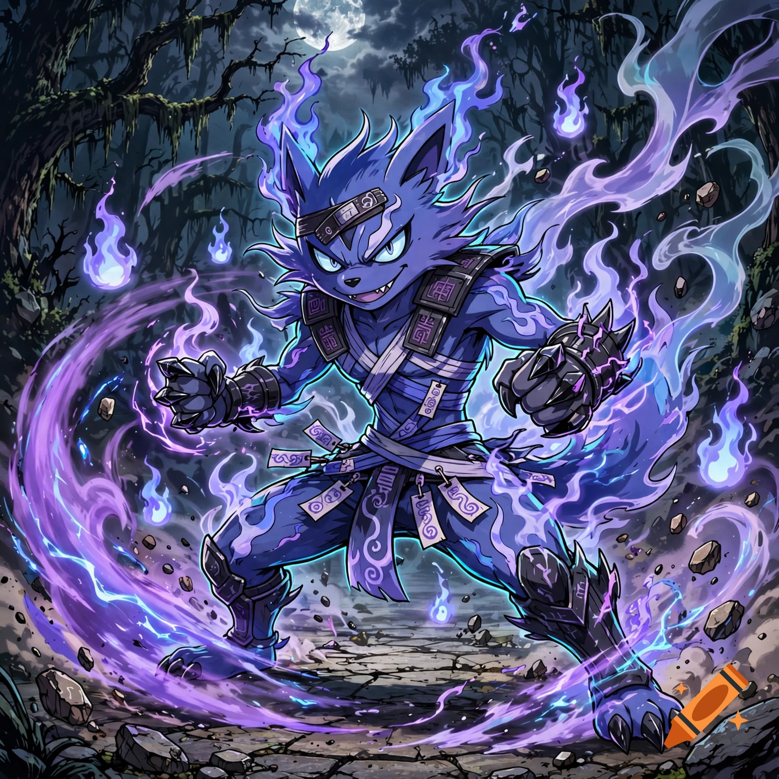 Cartoon illustration of a bipedal blue cat-like creature with purple flames and talons in a dark forest setting.