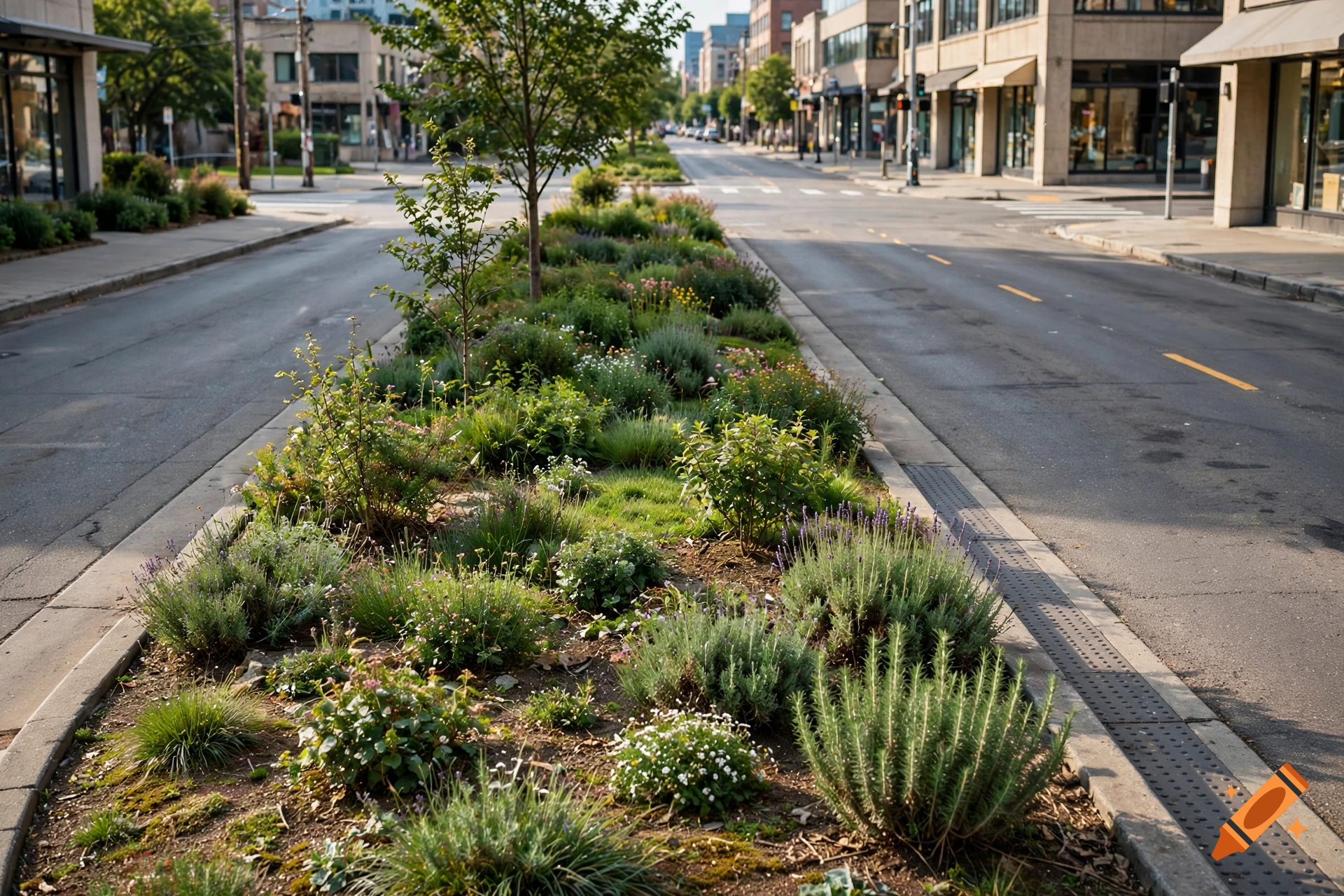 Photorealistic urban street with a long central median planter filled with various green shrubs and plants.
