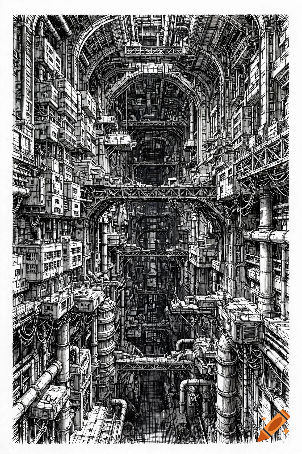 Detailed black and white ink drawing of a massive, industrial futuristic sci-fi hive city interior with complex piping and structures.
