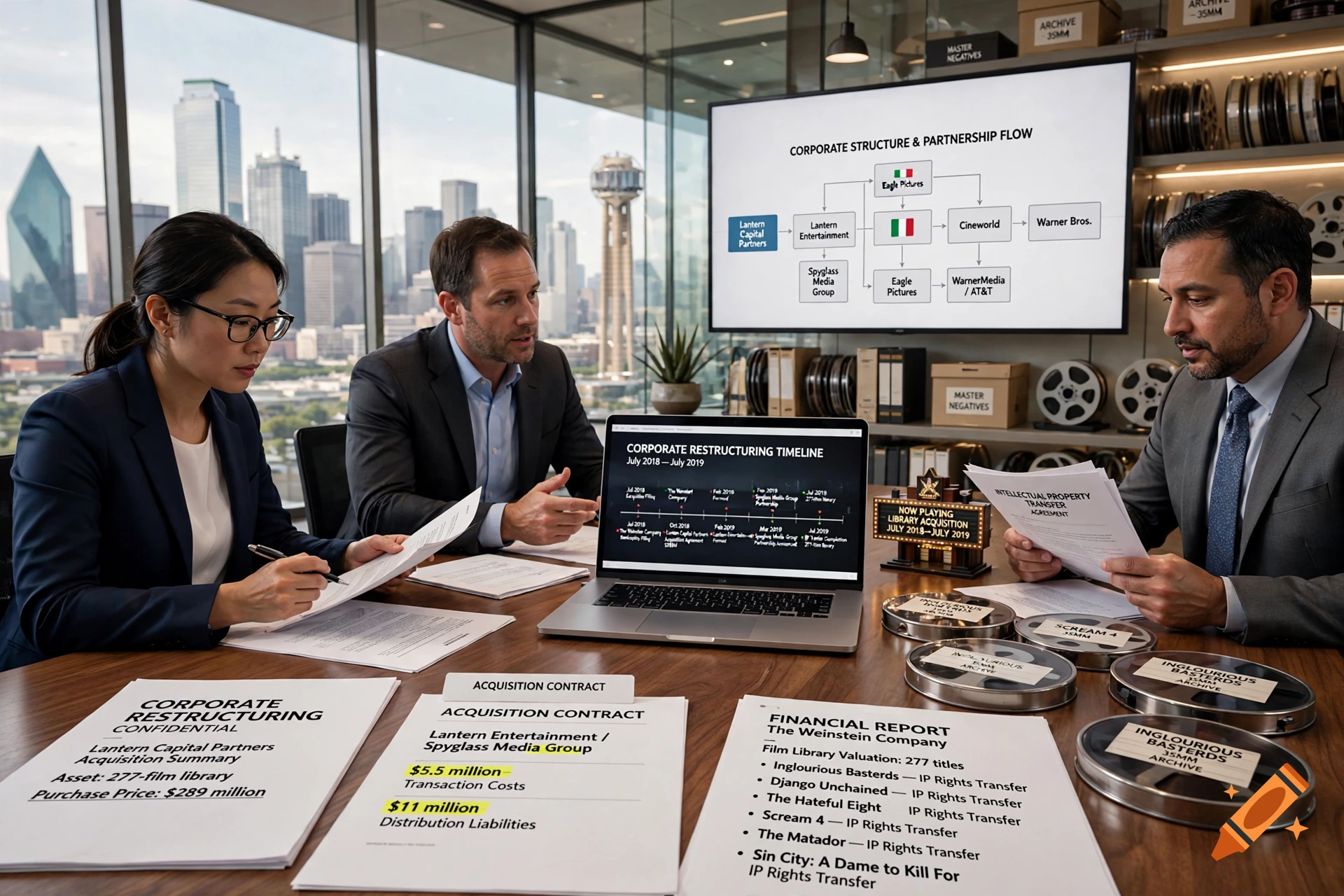 Photorealistic scene of three business professionals in a modern office reviewing corporate restructuring documents and timelines.