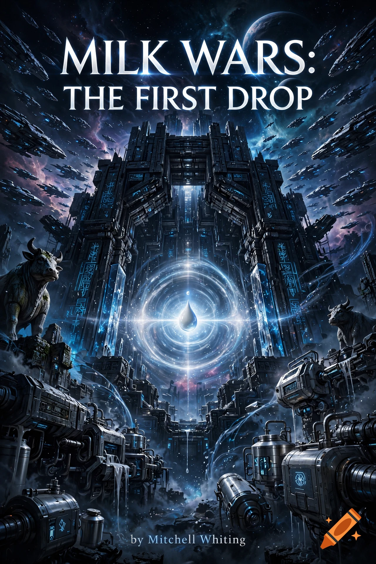 Cinematic sci-fi book cover featuring a glowing milk drop inside an ancient alien chamber with spacecraft fleets.