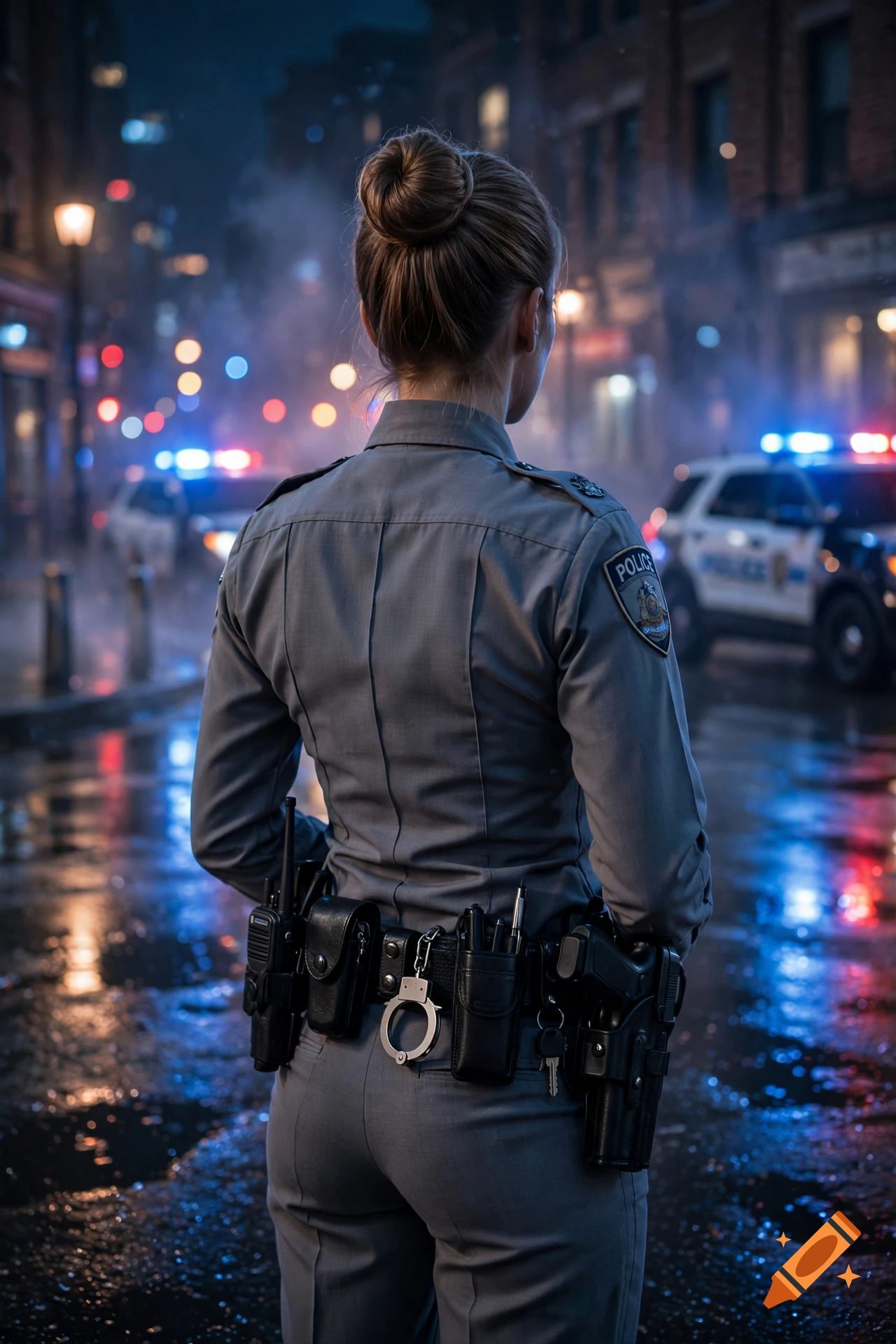 Rear view of a female police officer in uniform with hair in a bun on a rainy city street at night with flashing police lights.