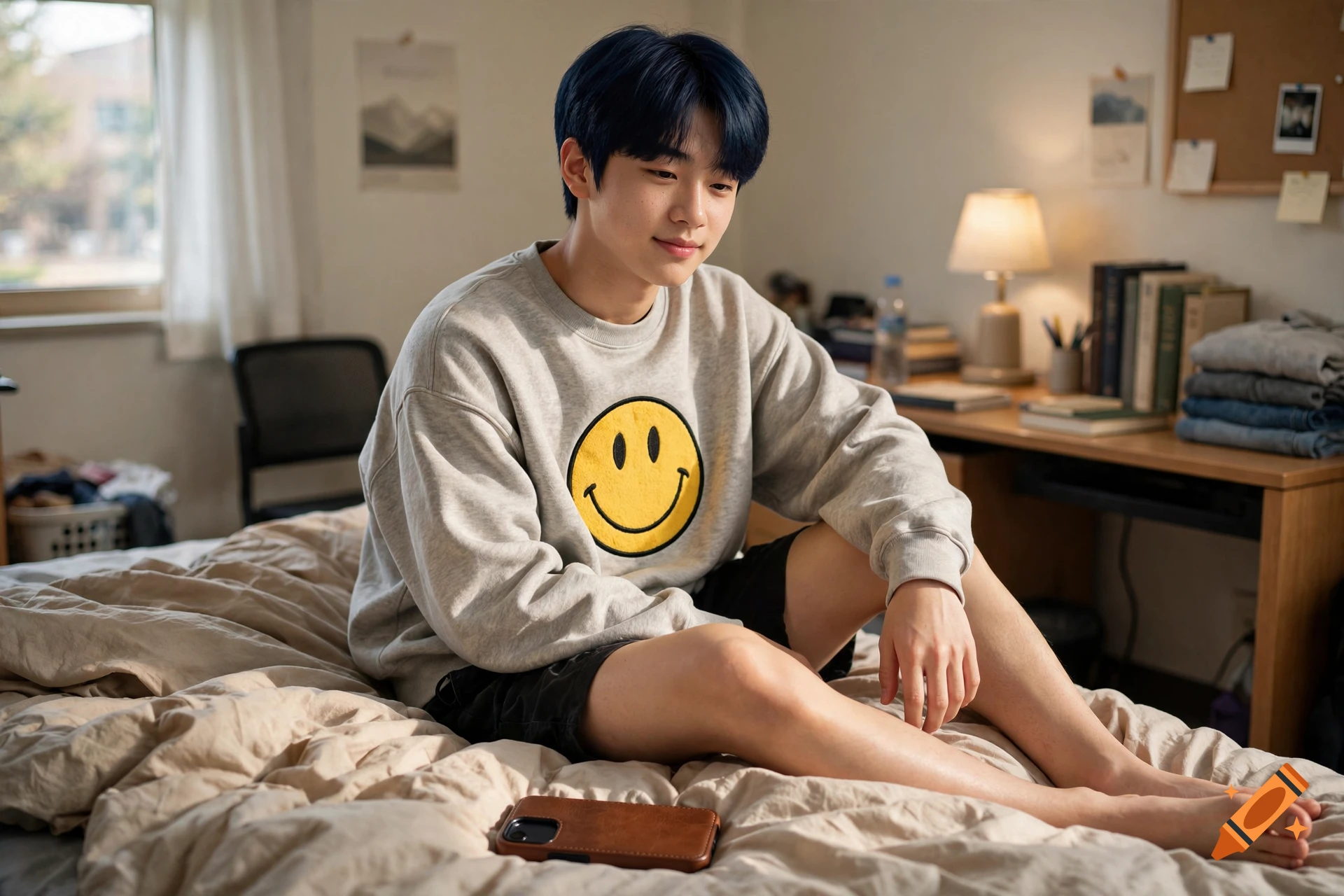 Hyperrealistic photo of a Korean teenage boy with blue hair sitting barefoot on a dorm room bed, wearing a smiley face sweatshirt.