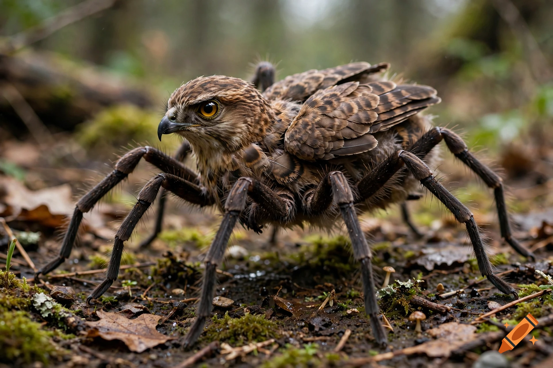 Photorealistic fantasy creature with the head and wings of a bird and the body and legs of a tarantula on forest floor.