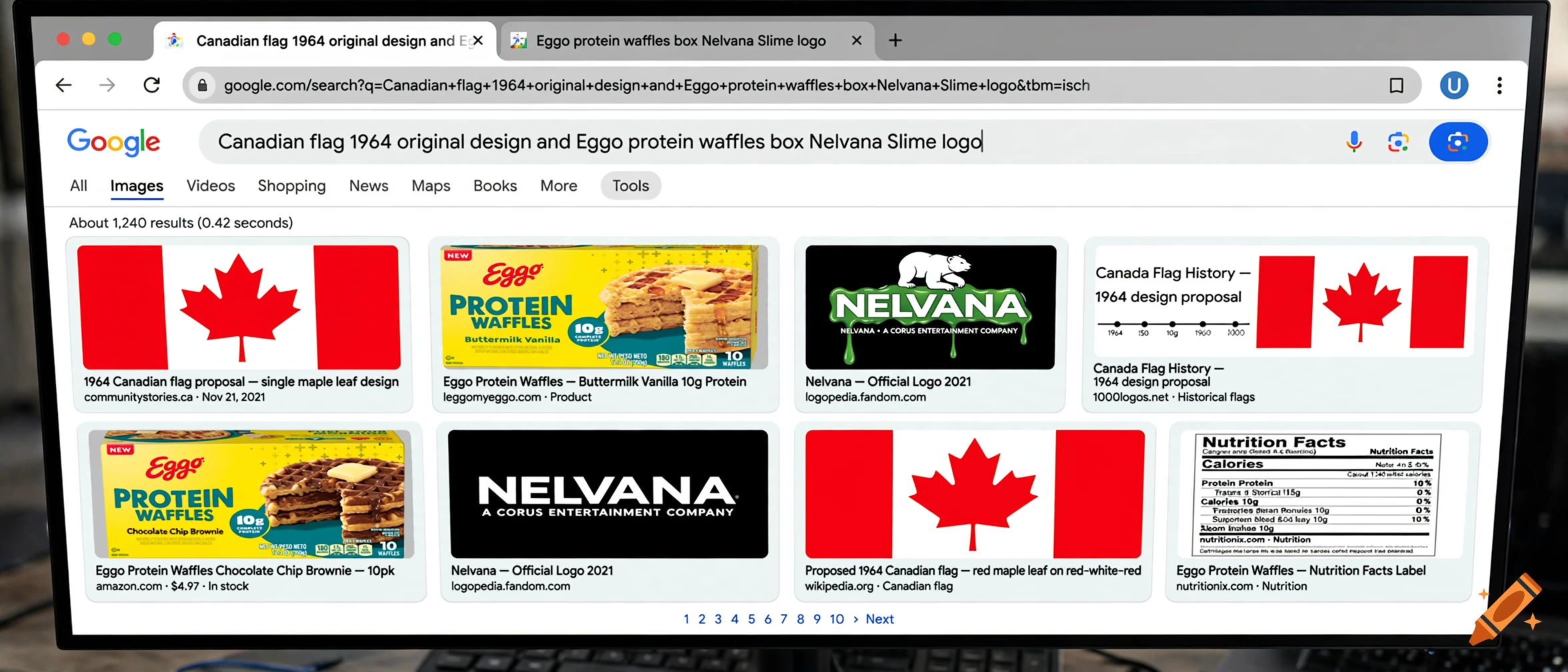 Screenshot of a Google image search results page on a monitor displaying Canadian flags, waffles, and logos.