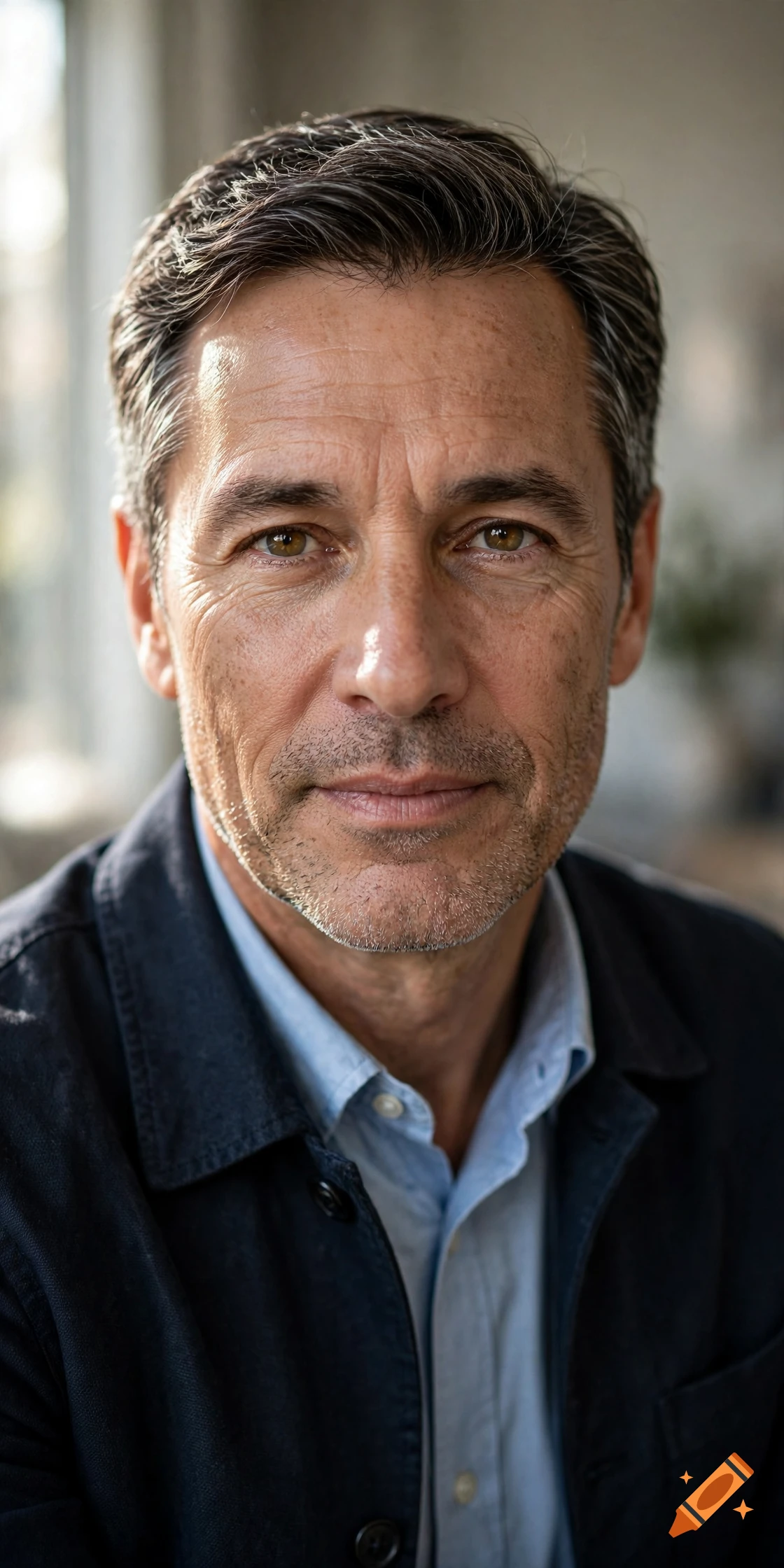 Photorealistic close-up portrait of a middle-aged man with dark hair, stubble, and brown eyes, wearing a dark jacket over a light blue shirt.